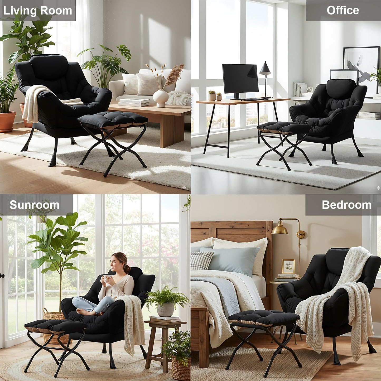 LITA Lazy Chair with Ottoman, Modern Accent Leisure Upholstered Sofa Chair, Contemporary Lounge Reading Chairs with Armrests and a Side Pocket for Living Room, Bedroom & Small Space, Black