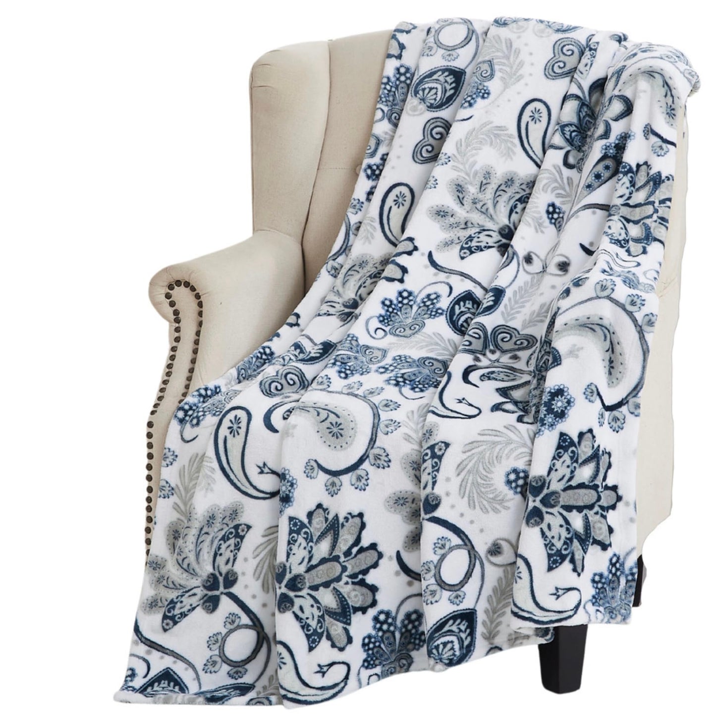 Serafina Home Throw Blanket: Velvety Soft, Durable Fleece Accent for Bed or Couch (Navy Damask and Paisley, 50 x 70 inches)