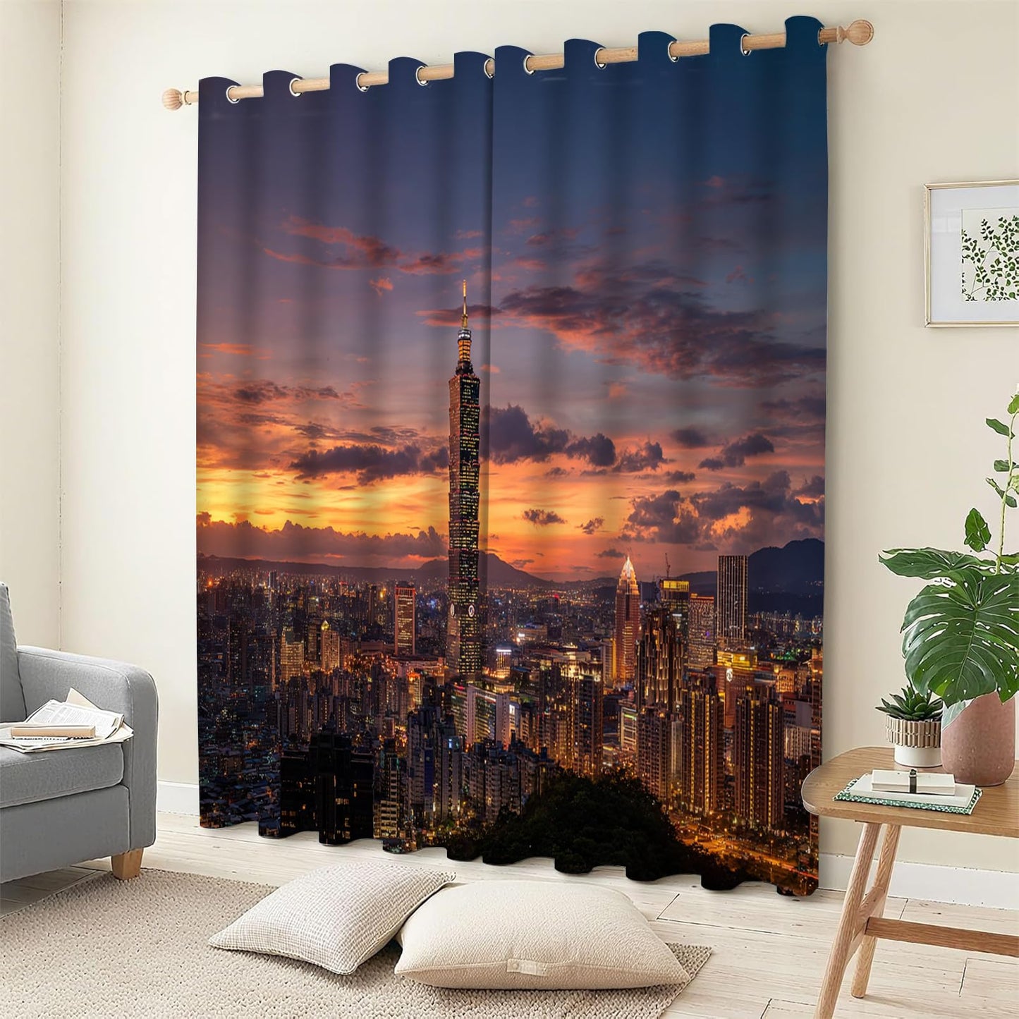 City Darkening Window Curtains, Modern City 3D Print Blackout Curtains 2 Panel Set 84" W x 54" L, Protect Privacy Opaque Drapes with Grommet for Homes Dormitories Hotels Decor