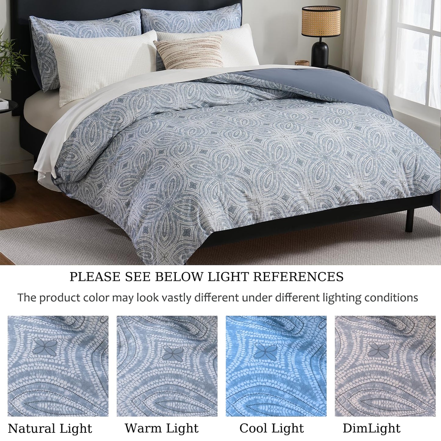 Zusbest Duvet Cover King Flannel-Like for Extra Soft 100% Cotton Reversible Grey Navy Blue Modern Bedding, Patterned Bed Cover Luxury Classic Printed Zipper Comforter Cover Set 3 Pieces- No Filling