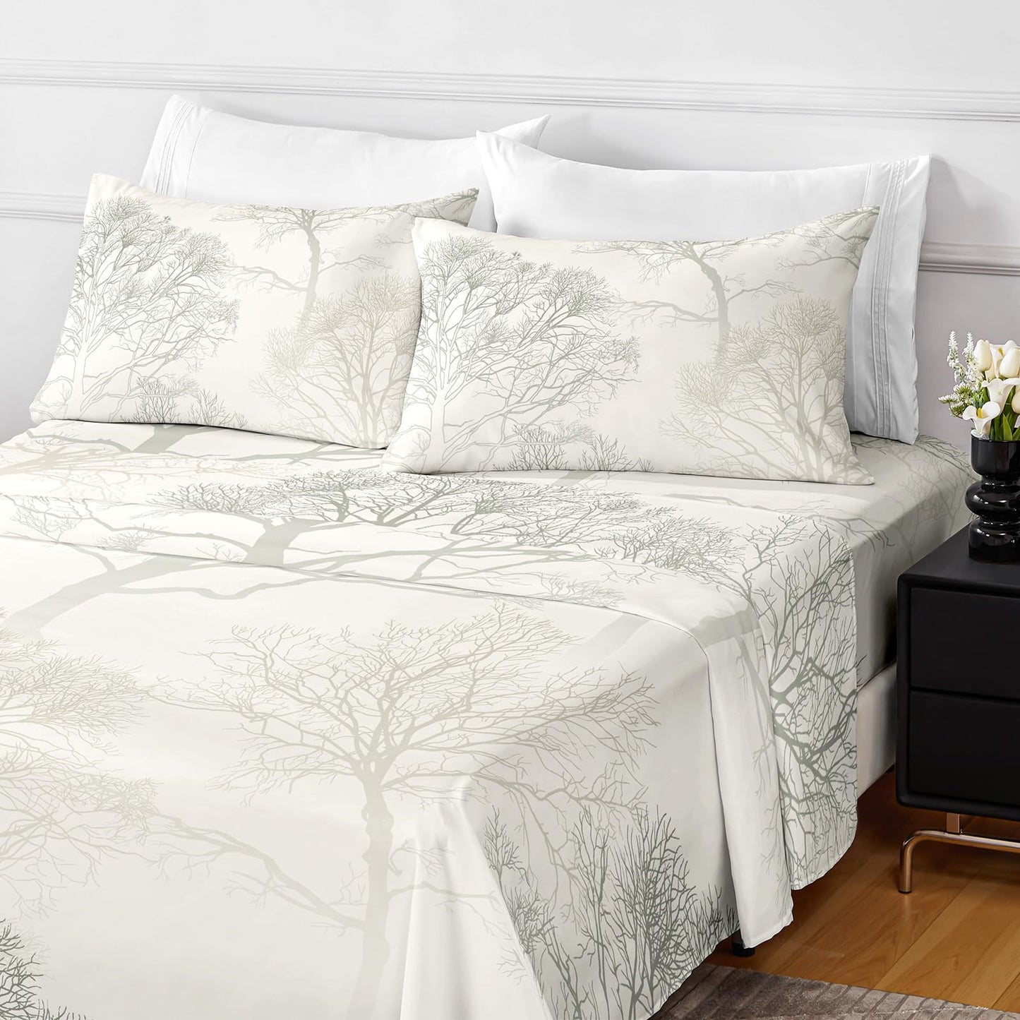 HCORA Floral King Size Sheets Set, Luxury 1800TC Hotel Quality Double Brushed Microfiber Deep Pocket Bed Sheets, Ultra Soft, Breathable and Cooling, 4PC, King