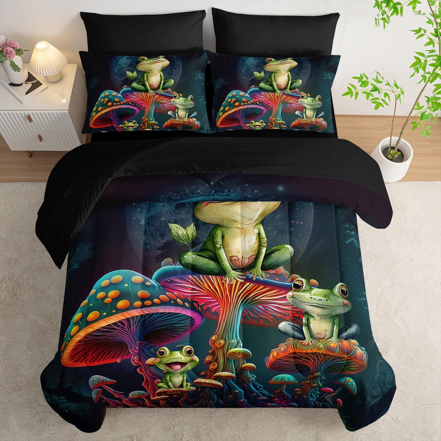AILONEN Cartoon Frog Comforter Set Queen Size,Magic Mushroom Frog Bed in a Bag,7Pcs Soft Microfiber Black Comforter,Fitted Sheet,Flat Sheet,2 Pillowcases,2 Pillow Shams