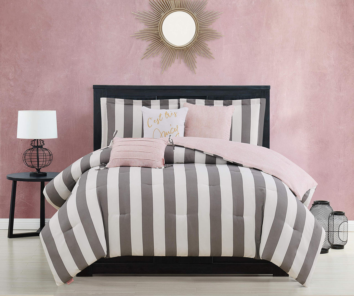 Juicy Couture JYZ012630 Cabana Stripe 6-Piece Reversible Set, Queen Grey/White