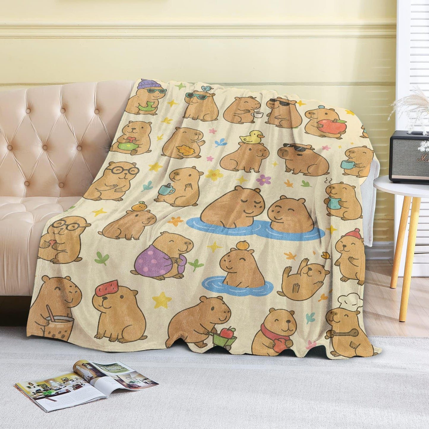 coedoaes Cute Capybara Fleece Blanket,50x60in, Kawaii Cartoon Capybaras with Tea Fruit Duck Flower on Cream Throw Blankets,Soft Cozy Lightweight, Ideal for Bed Living Room Home Decor,Kids Gifts