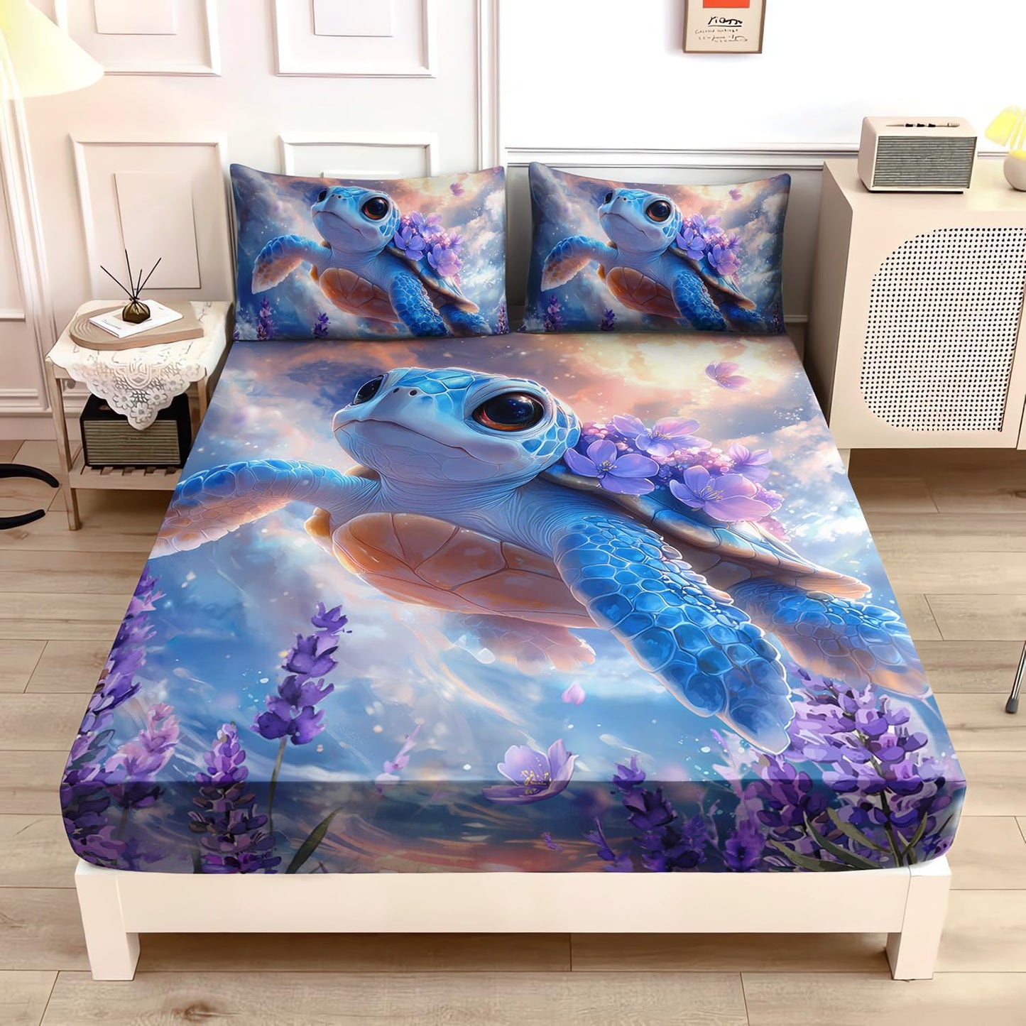 UEVBF Kids Sea Turtle Fitted Sheet Set Full Size,Dream Sky Purple Lavender Bedding for Boys Girls Teens Bedroom Decor,Coastal Bedding Sets,1 Fitted Sheet+2 Pillowcases.