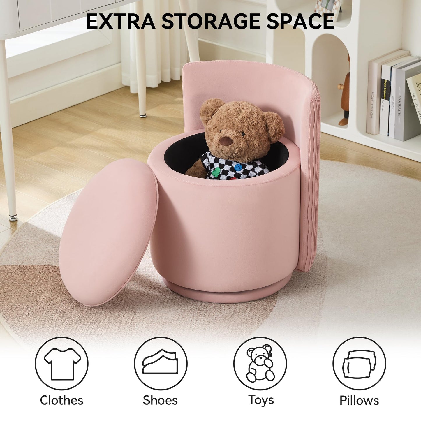 WUTUTUEE Velvet Vanity Chair with Storage, 360° Swivel Makeup Chair with Wave Back, No Assembly Small Accent Stool for Bedroom, Dressing, Living Room, Pink