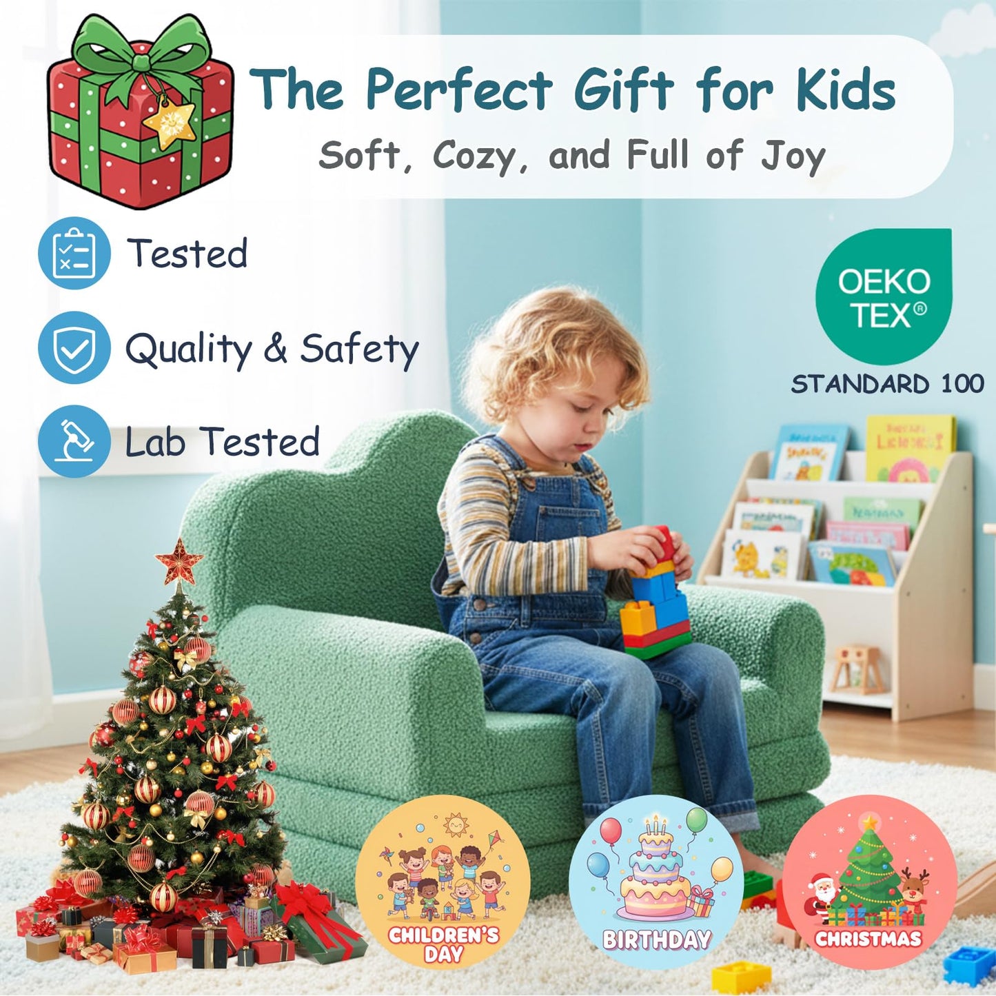 Tiita Kids Sofa, Foldable Nursery Toddler Couch, Childrens Couch with Carry Handle, Portable Toddler Foam Sofa Couch, Lightweight Kids Chair for Playroom, Dorm Room, Small Space, Green