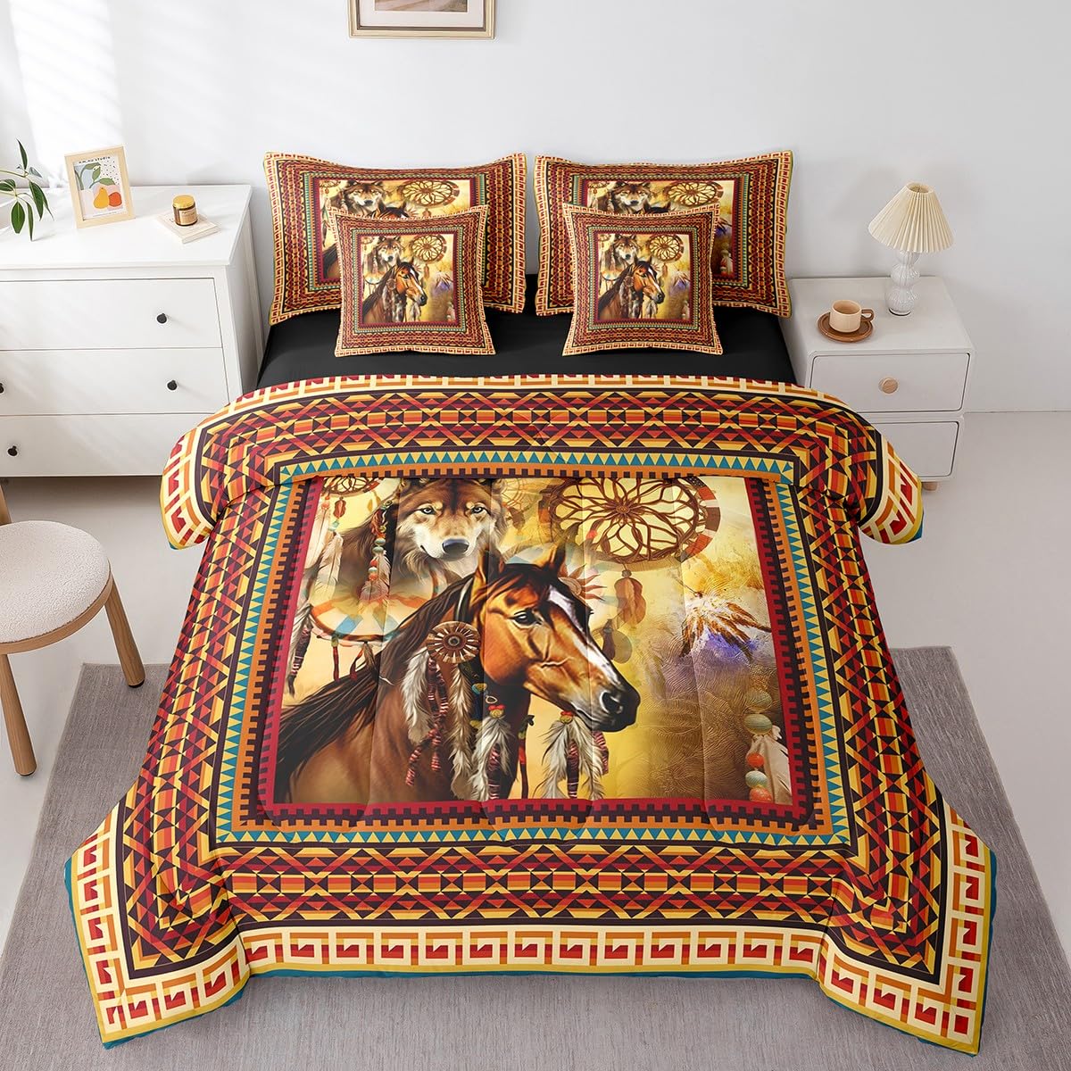 Erosebridal 7 Piece Brown Horse Bed in a Bag Twin Boho Exotic Aztec Sheet Set for Boys Girls Rustic Farmhouse Bedding Comforter Bohemian 3D Wild Animal Dreamcatcher Decor Cushion Covers