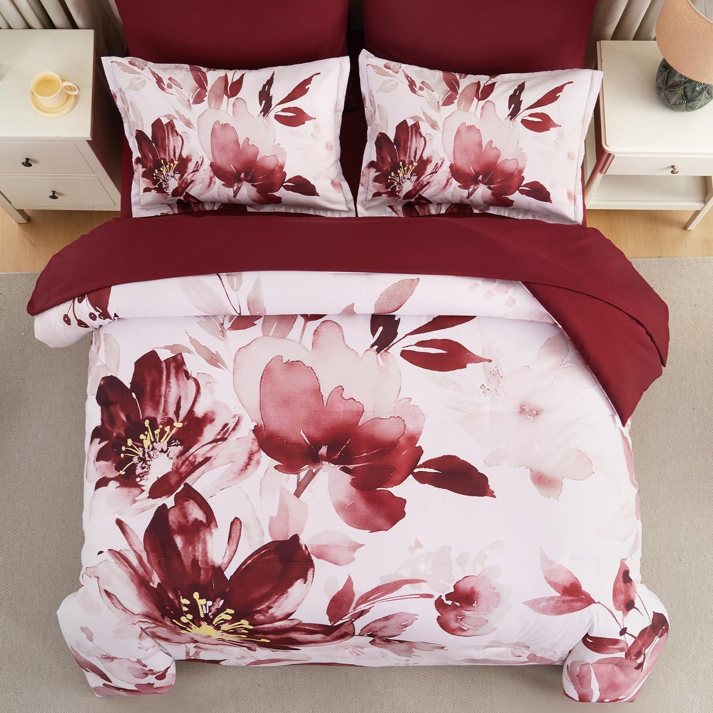 Luxudecor Floral Comforter Set King Size, 7 Piece Burgundy Flower Set Bed in a Bag,Soft Microfiber Farmhouse Shabby Chic Bedding Set for All Season(90"x104")