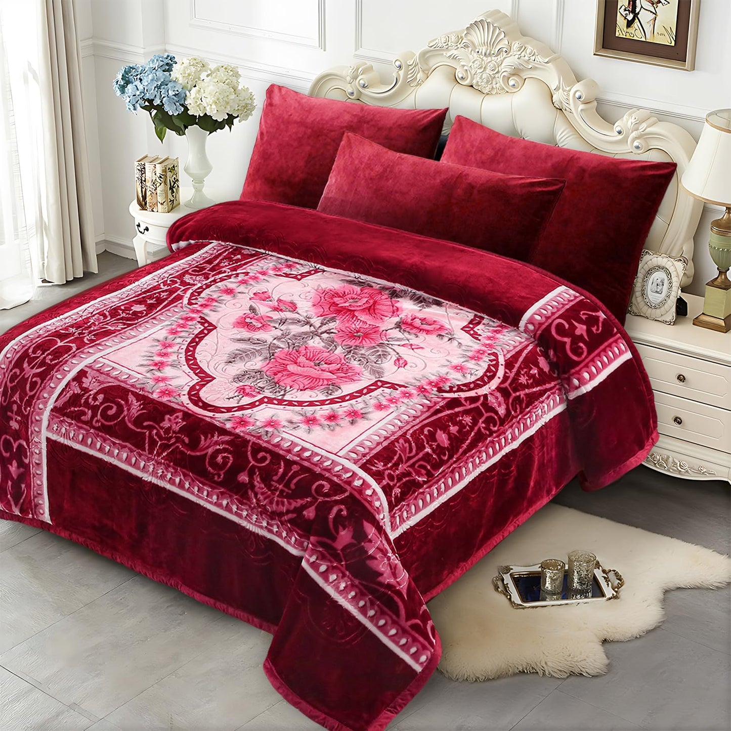 JYK Soft Fleece Bed Blanket Queen Size A&B Pattern Rose/Rose - 520GSM Fuzzy Cozy Luxury Warm Blanket Microfiber, 2 Ply Reversible Room Home Decor Christmas Decorations, 75" x 87 inches, 5 LB