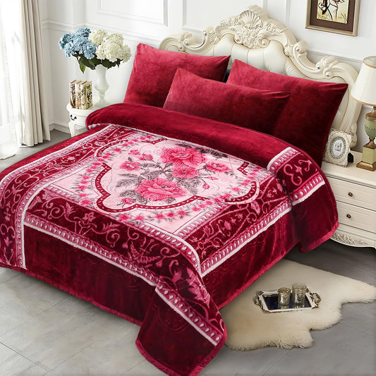 JYK Soft Fleece Bed Blanket Queen Size A&B Pattern Rose/Rose - 520GSM Fuzzy Cozy Luxury Warm Blanket Microfiber, 2 Ply Reversible Room Home Decor Christmas Decorations, 75" x 87 inches, 5 LB