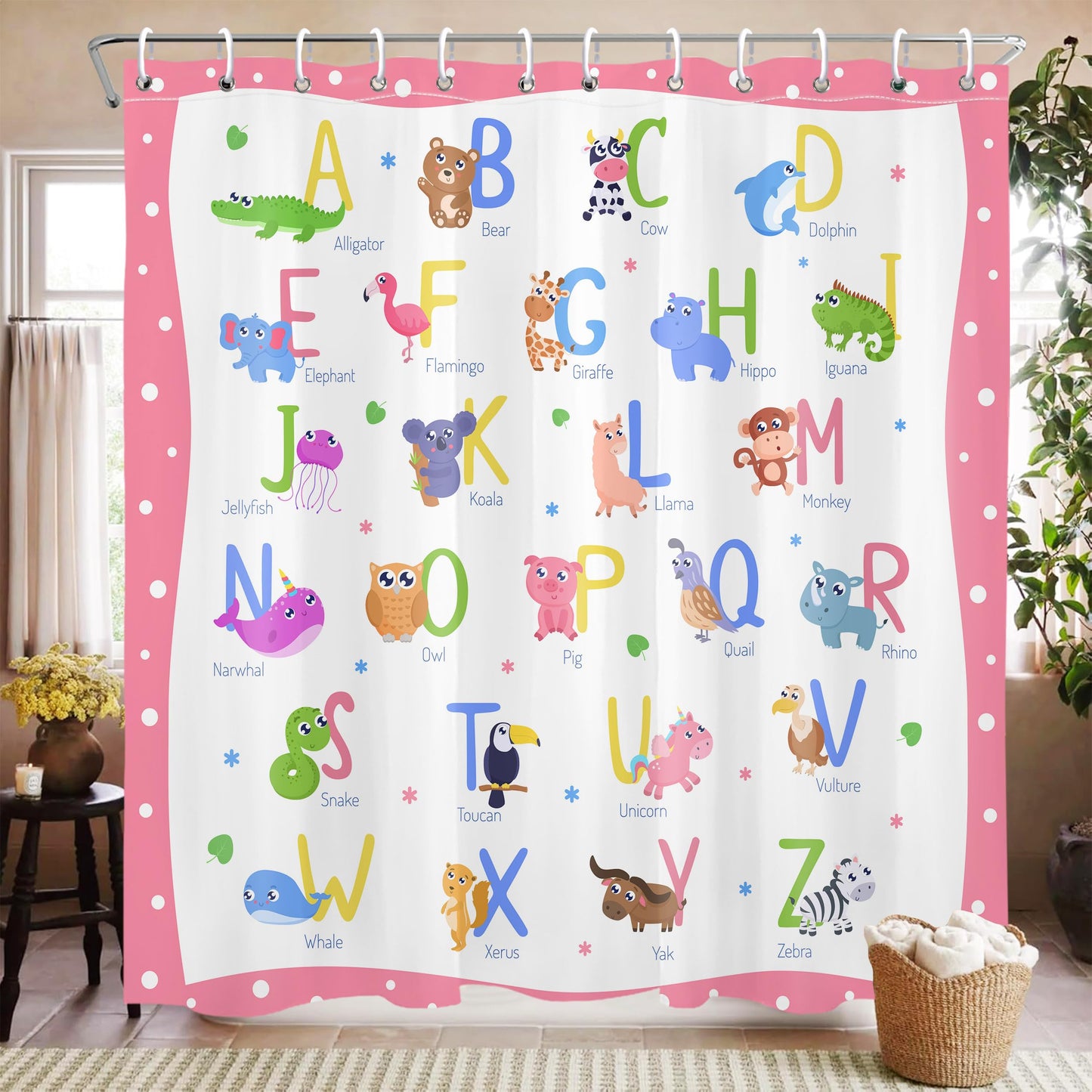 Mayormyth Kids ABC Shower Curtain Cute Alphabet Animal Educational Learning Shower Curtains for Girls Boys Cartoon Polka Dots Bathroom Curtain Polyester Waterproof Cloth Fabric with Hooks 72x72 Inches