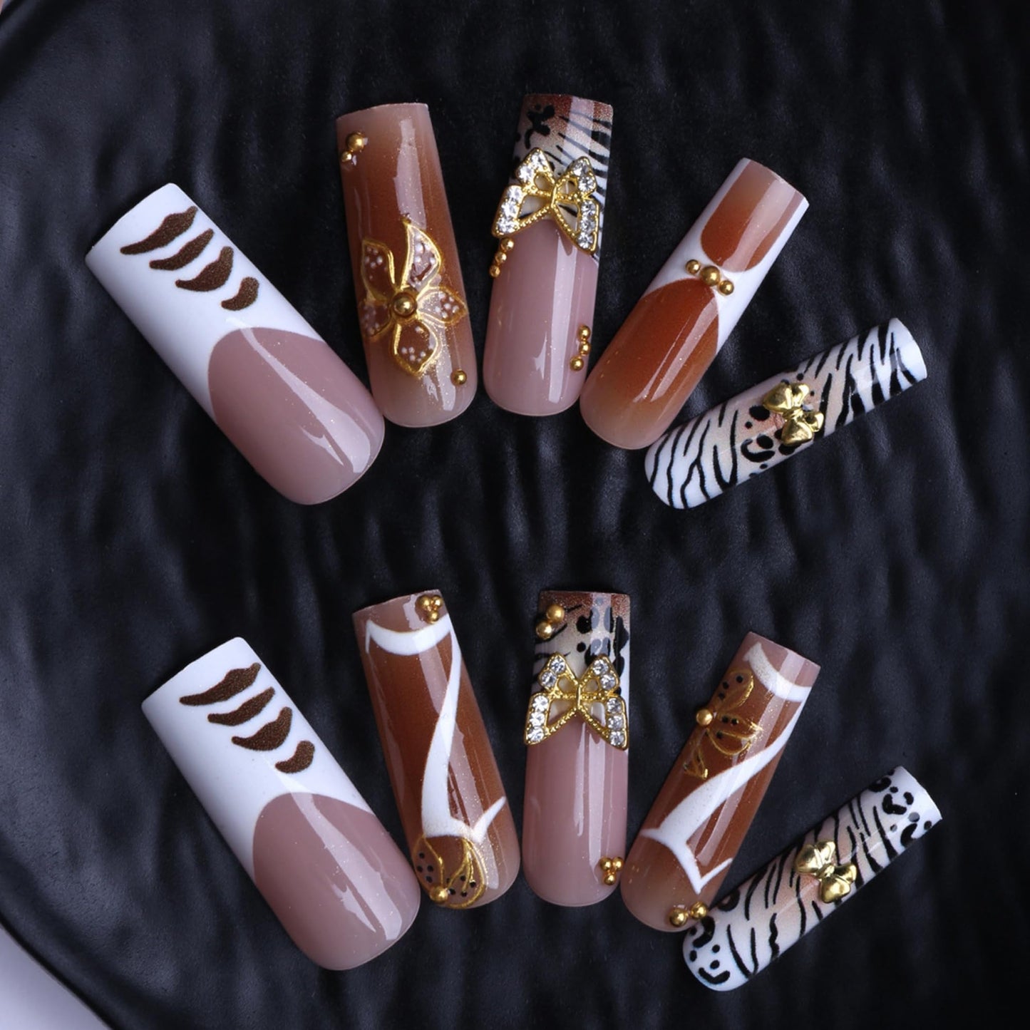 SEENEEY Long Press on Nails Square Fake Nails Brown Artificial Nail Gold Butterfly and Flowers Designs Leopard Stick on Nail for Women 24pcs