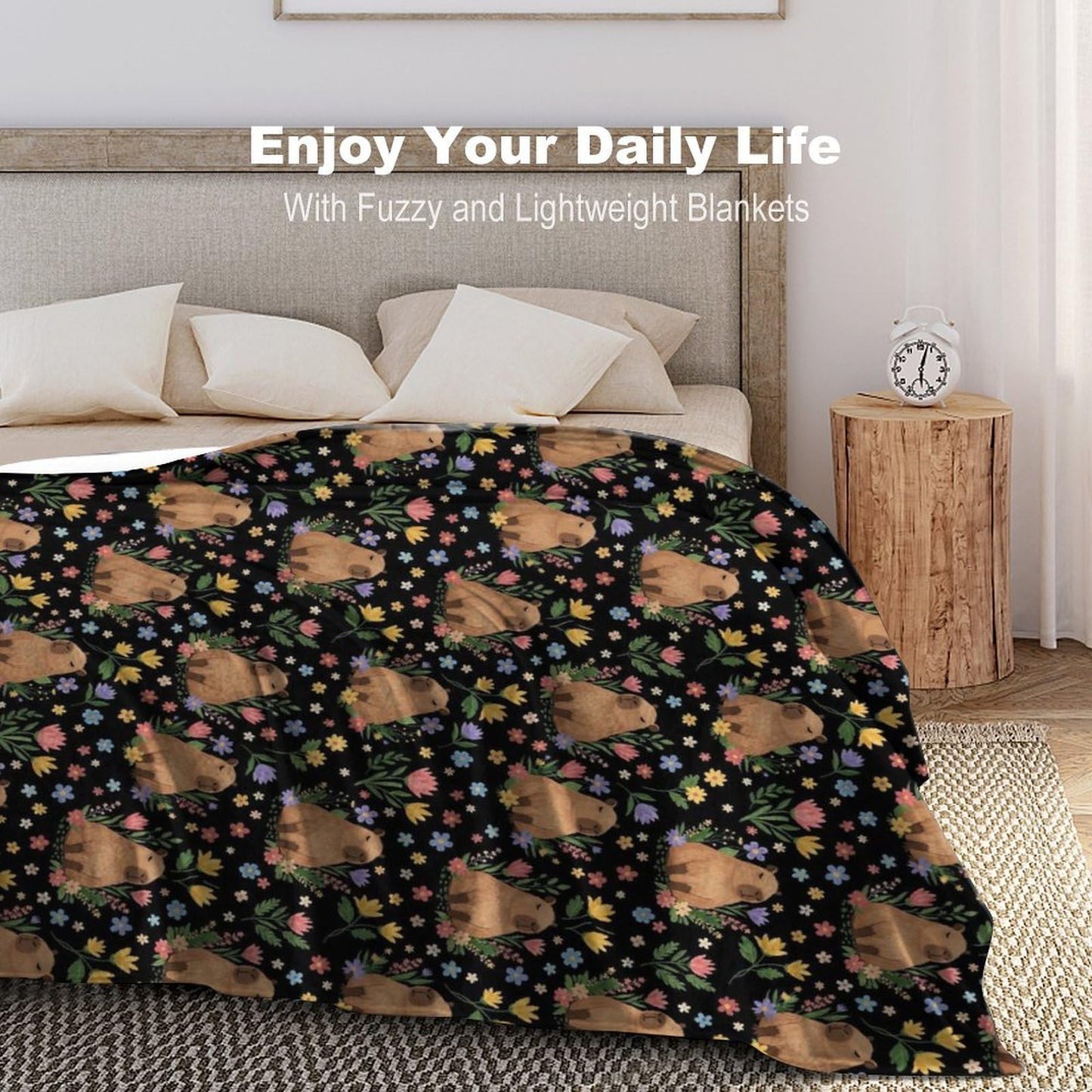 Soft Throw Blanket Cozy Warm Blanket for Bed, Sofa and Couch, Fashion Home Decor Bedspread Compatible with Floral Flowers Cute Capybara Black