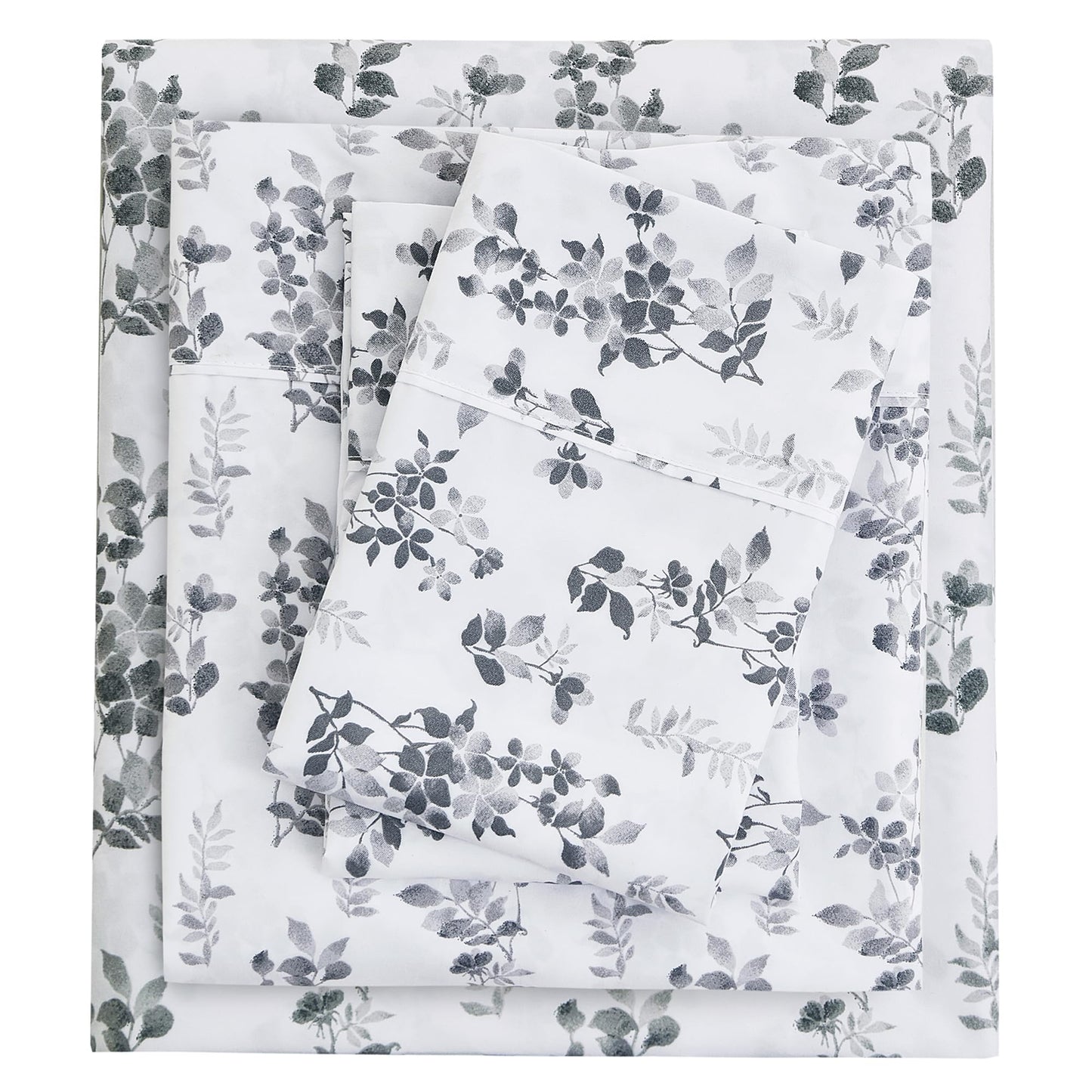 Mooreeke Cozy Vintage Microfiber Printed Twin Sheet Set - Soft Breathable Floral Bed Sheets with Deep Pocket - Non-Slip Fitted Design - Gradient Grey Small Flowers Pattern