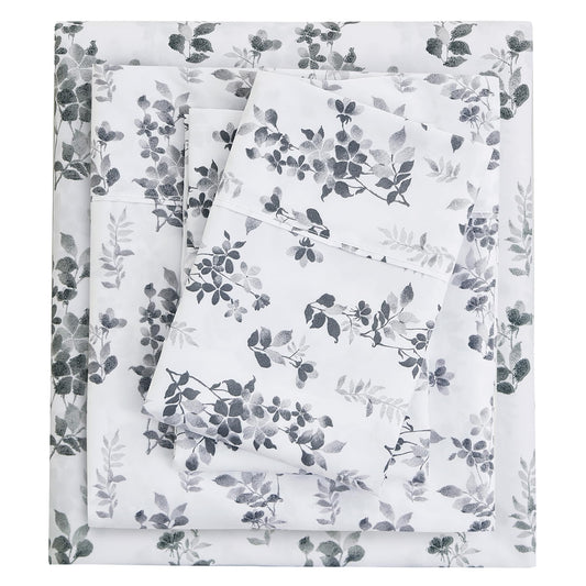 Mooreeke Cozy Vintage Microfiber Printed Full Sheet Set - Soft Breathable Percale Cotton Floral Bed Sheets with Deep Pocket - Non-Slip Fitted Design - Gradient Grey Small Flowers Pattern