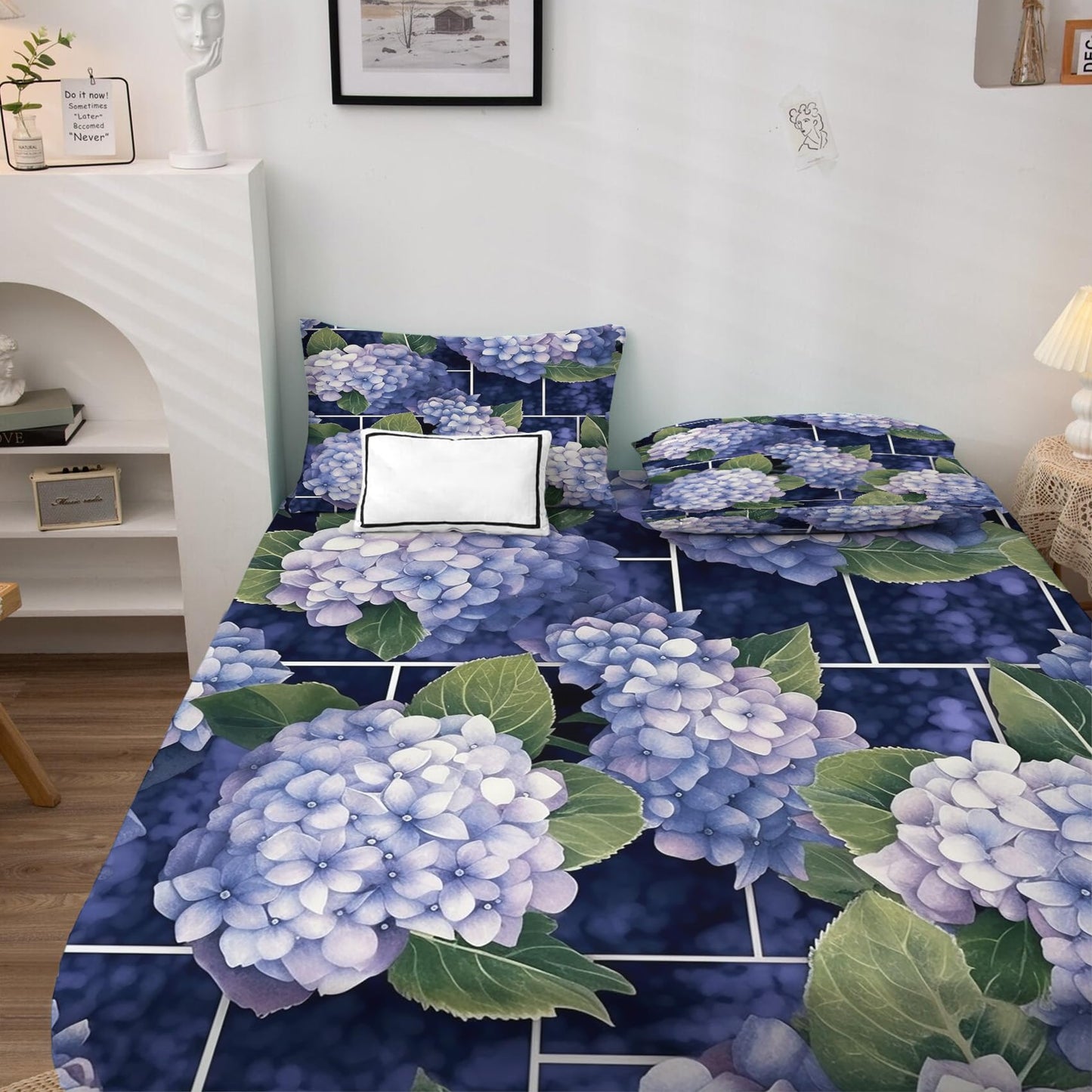 zcsm Hydrangea Sheets King Size - Floral Bed Sheets, Soft Microfiber & Deep Pocket & Wrinkle Free Patterned Bedding Sheets & Pillowcases, 4 Piece (1 Fitted Sheet, 1 Flat Sheet, 2 Pillow Cases)