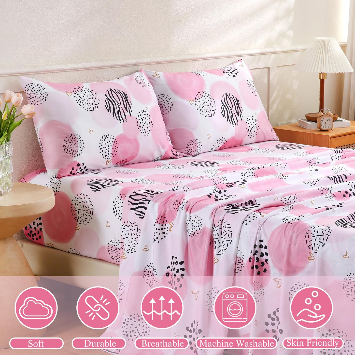 CIMVI Pink Sheet Set Queen Size 4 Pieces Girls Bedding Simple Dots Printed Sheets 15-inch Deep Pocket Fitted Sheets and Pillowcase Soft Breathable Microfiber Bed Sets for Woman Decor Bedroom