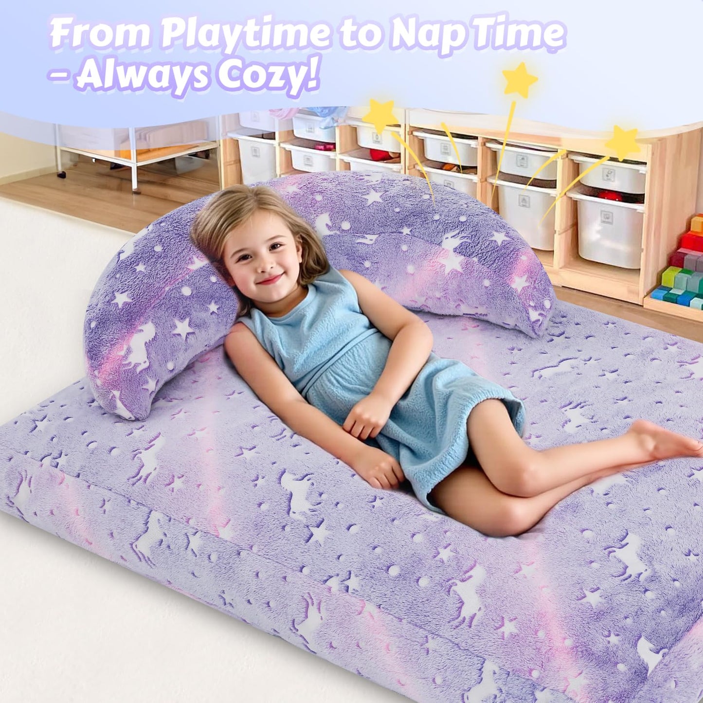 COMAX Bean Bag Chair for Kids, Dinosaur Convertible Toddler Beanbag Bed, Children Bean Chair Stuffed to Floor Mattress with Filler, Purple Unicorn