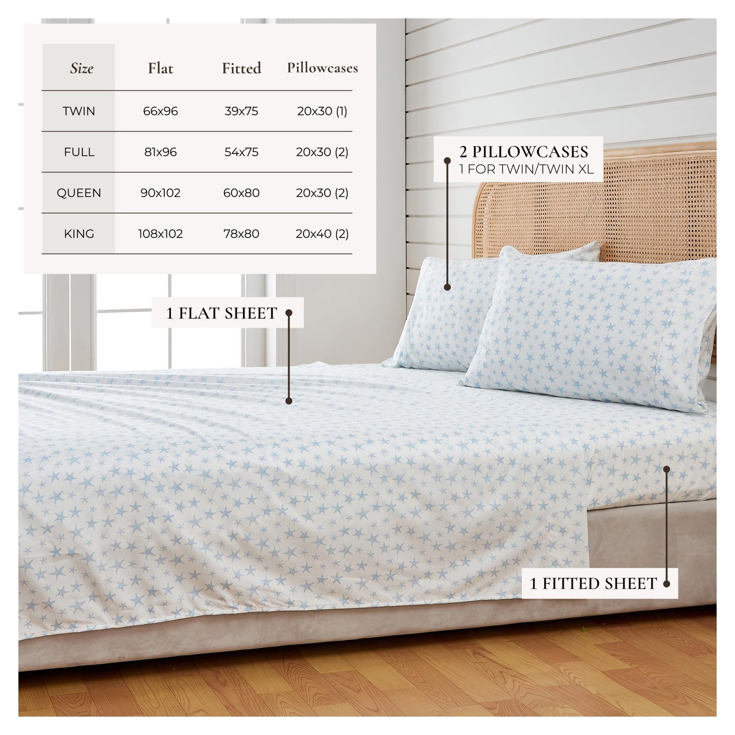 Great Bay Home Twin Coastal Microfiber Sheet Set - 3-Piece Nautical-Printed, Ultra-Soft Sheets - Beach-Themed Bedding Sheets & Pillowcases (Starfish - Blue)