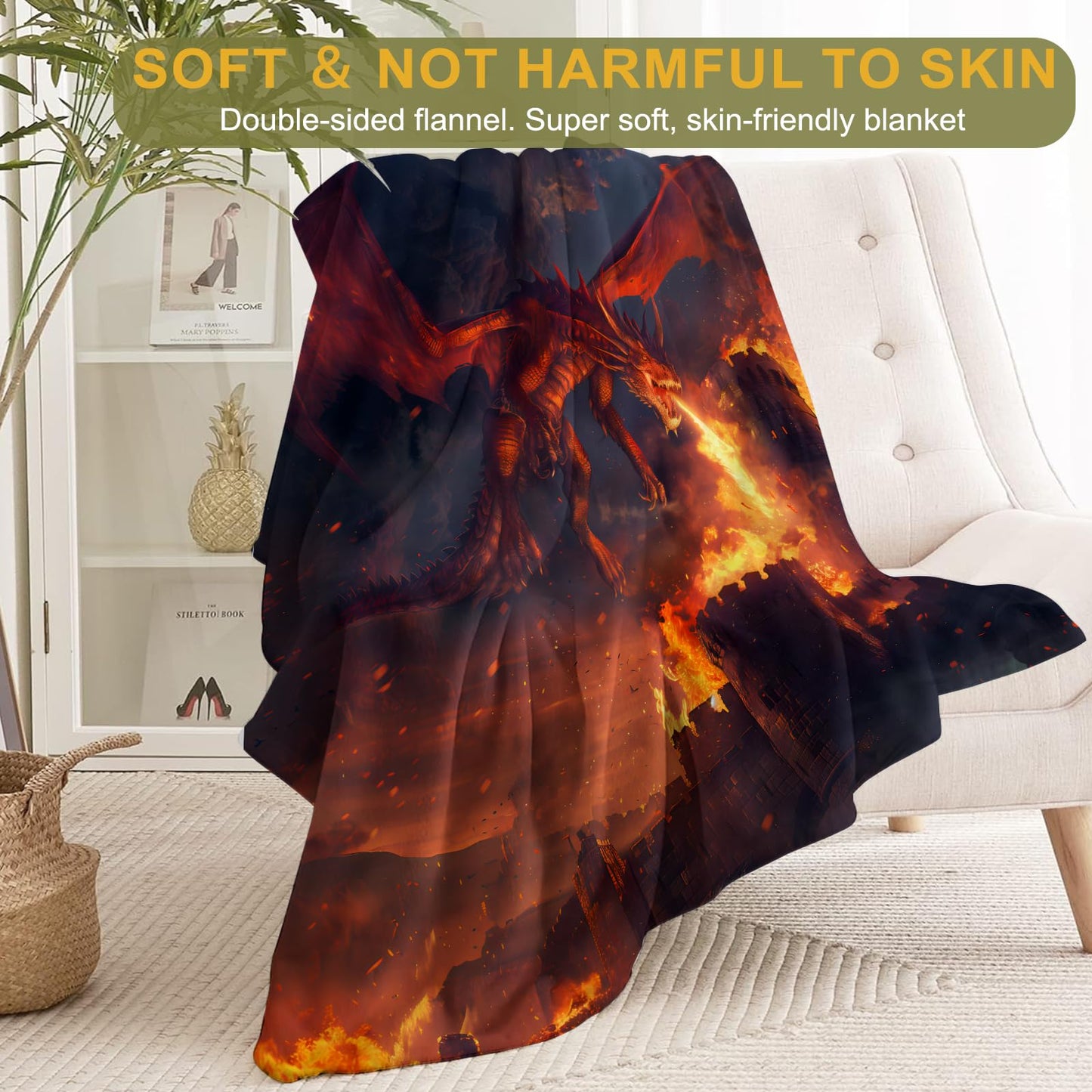 ainori Epic Fire-Breathing Dragon Flannel Blanket - Stunning Animal Throw,Gifts for Kids & Fantasy Lovers, Ultra Soft & Warm,Lightweight,for Couch Bedroom Living Room Boho Decor 50x60in