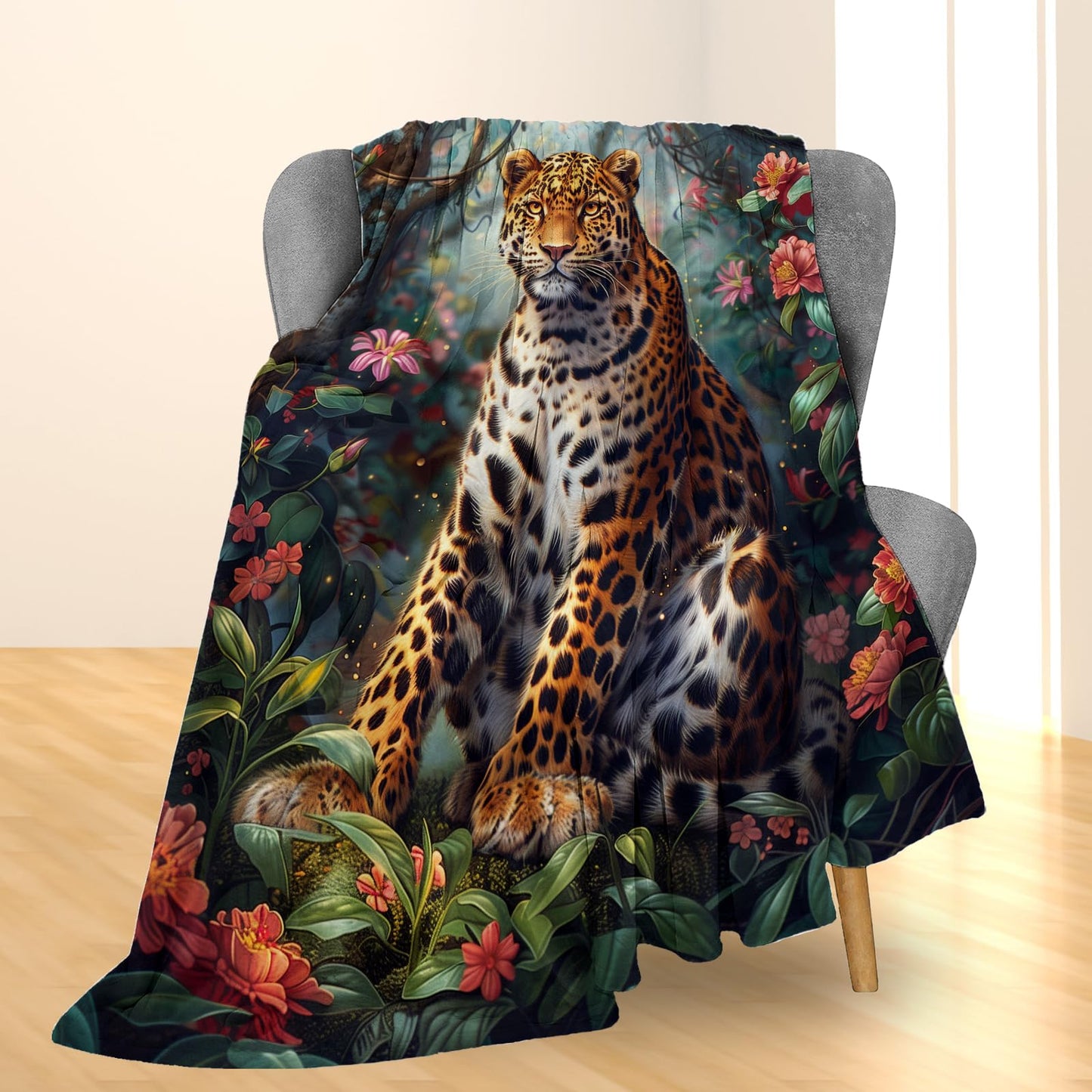 Ti Caldi Leopard in Jungle Blanket, Soft Flannel Tropical Foliage and Flowers Throw Blanket for Couch, Bed, Travel & Home Decor, Lightweight Cozy Warm Fuzzy Blankets for Adults Women Kids 60×50 in