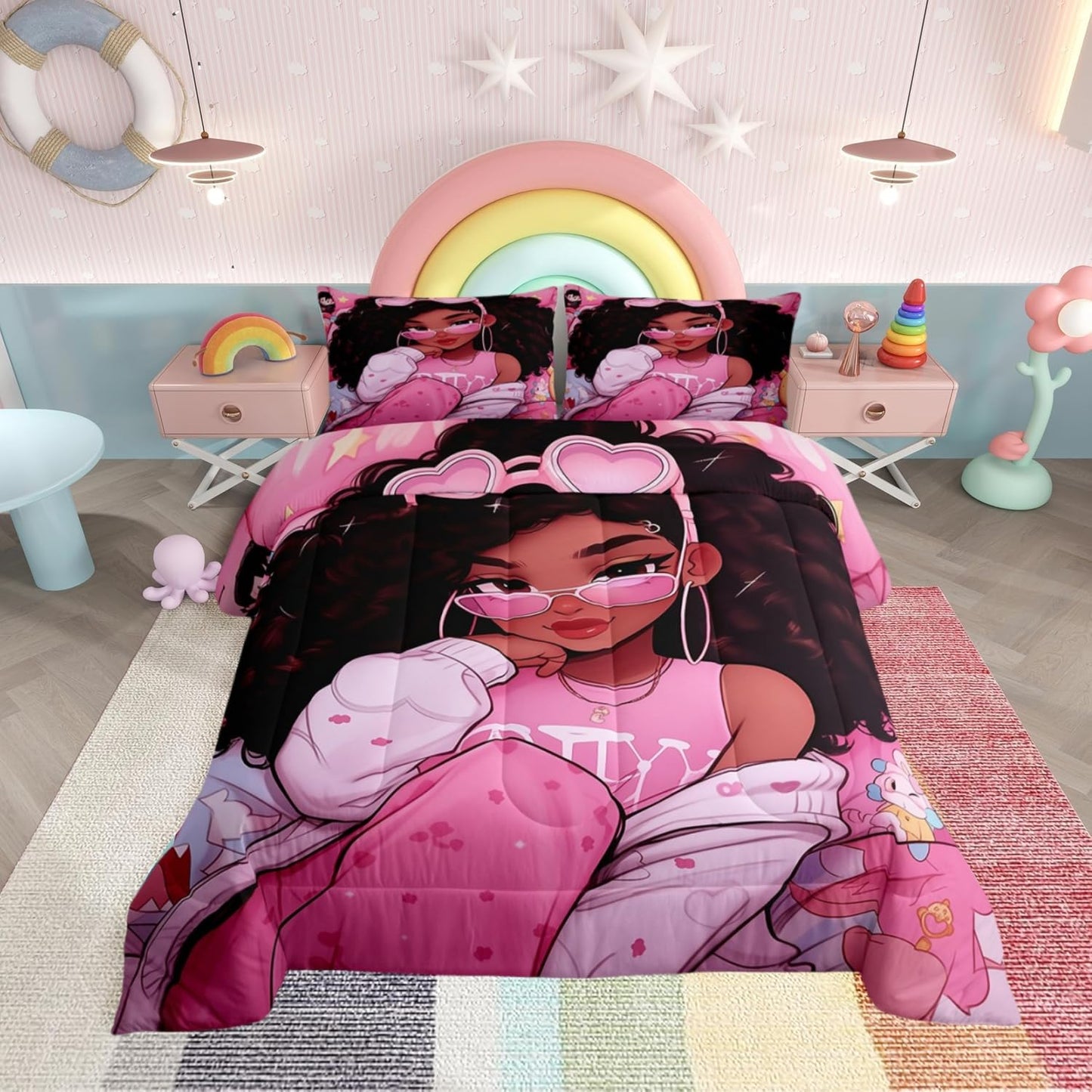 Manfei Amercian Little Girl Kids Comforter Set Full Size,Stars Love Heart Romantic Bedding Set,Girls Women Room Decor,African Theme Girls Down Comforter,Pink Princess Duvet Insert,2 Pillowcases