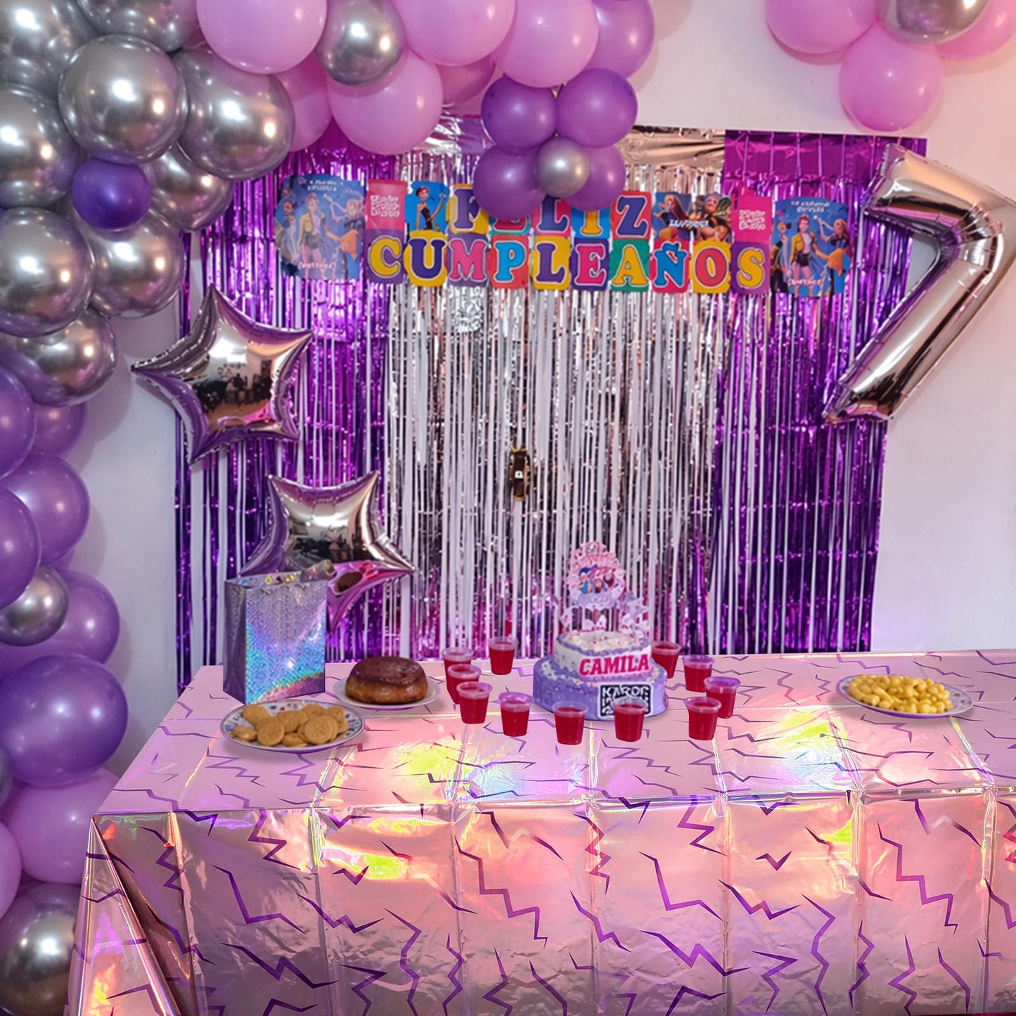 Hallswl 3 Pcs Iridescent Pink and Purple Lightning Tablecloths, Disposable Kpop Table Cloth, Plastic Rectangle Table Covers for Birthday, Bachelorette, Iridescent Party Decorations, 54 x 108 Inch