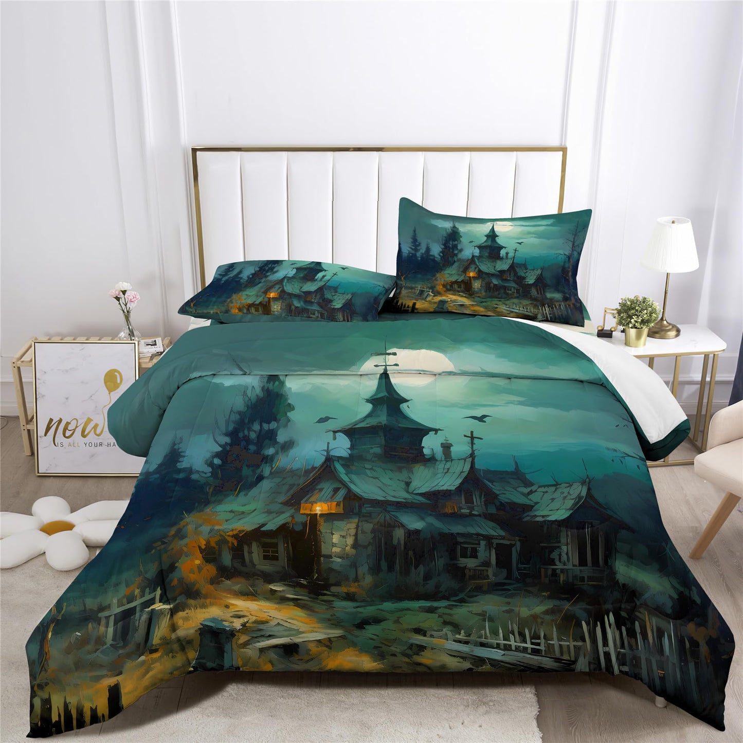 Halloween Ghost Haunted House Design Comforter Set | Horror Festive Night Spooky Manor Prints Bedding Set | with Soft Comforter+2 Pillow Shams(3PCS) or Sheet (4PCS) (A,Queen-3PCS)