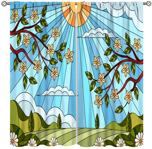 TYVGICZ Stained Glass Curtain Medieval European Cathedral Window Curtains for Bathroom Bedroom Home Decor Colourful Glass Art Blue Window Curtain 2Panel, 42x45 Inch