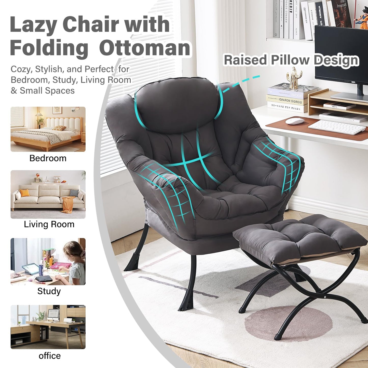 Furlide Lazy Chair with Ottoman, Modern Chair with Folding Footrest, Dark Grey Accent Chair, Comfortable Reading Chair, Oversized Armchairs for Bedroom, Study, Living Room, Courtyard
