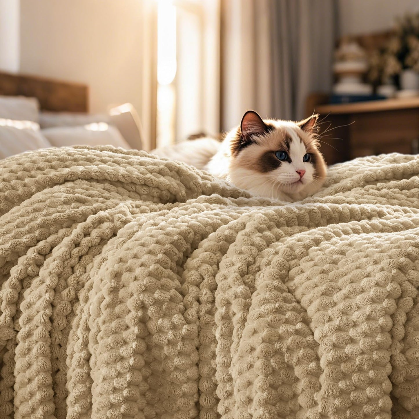 PHF Ultra Soft Flannel Fleece Throw Blanket, Lightweight 3D Jacquard Fleece Blanket, No Shedding, No Pilling, Luxury 340GSM Fluffy Cozy Throws for Couch Room Decor, 50"x60", Khaki