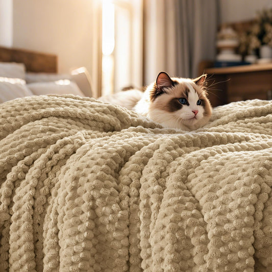 PHF Ultra Soft Flannel Fleece Throw Blanket, Lightweight 3D Jacquard Fleece Blanket, No Shedding, No Pilling, Luxury 340GSM Fluffy Cozy Throws for Couch Room Decor, 50"x60", Khaki