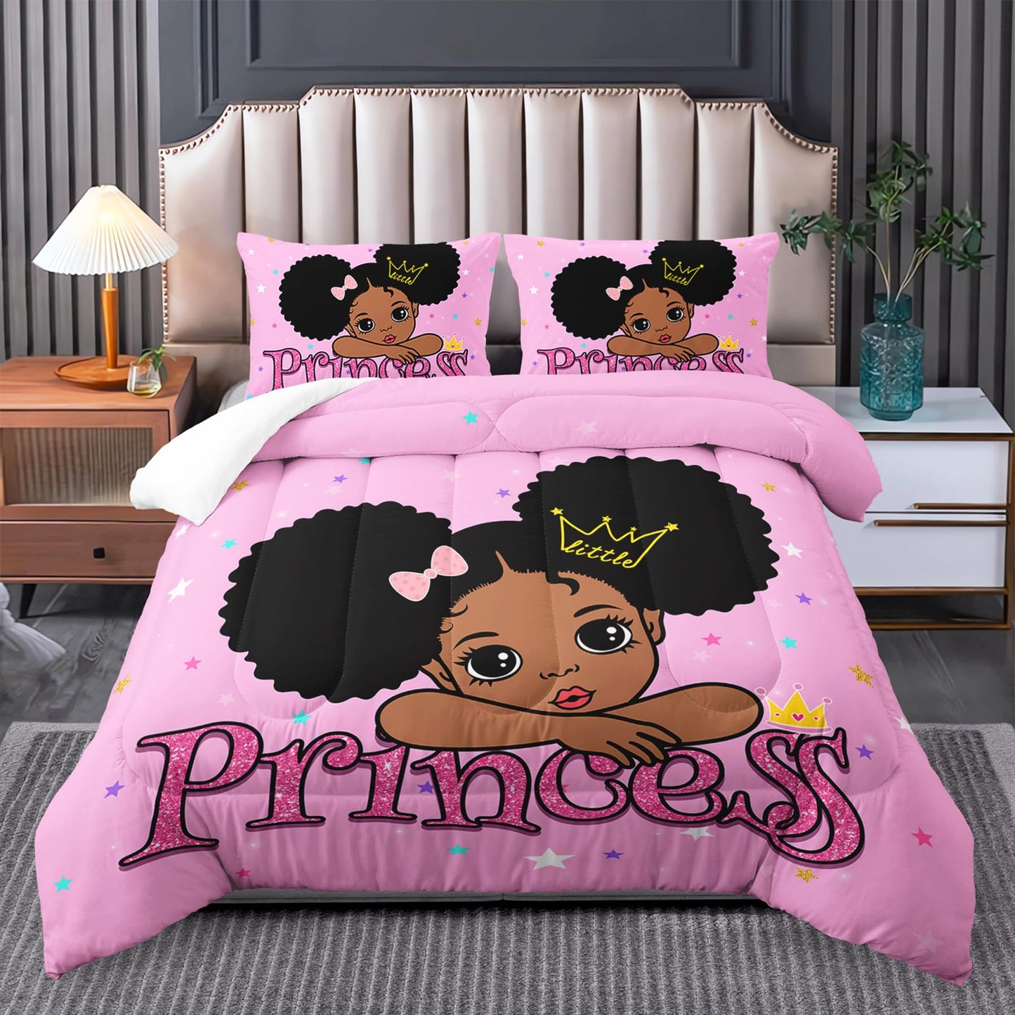 Tuzaovy Queen Size Bedding Sets for Girls - Pink and Black Comforter Set, Kawaii Paris Bedroom Comforter
