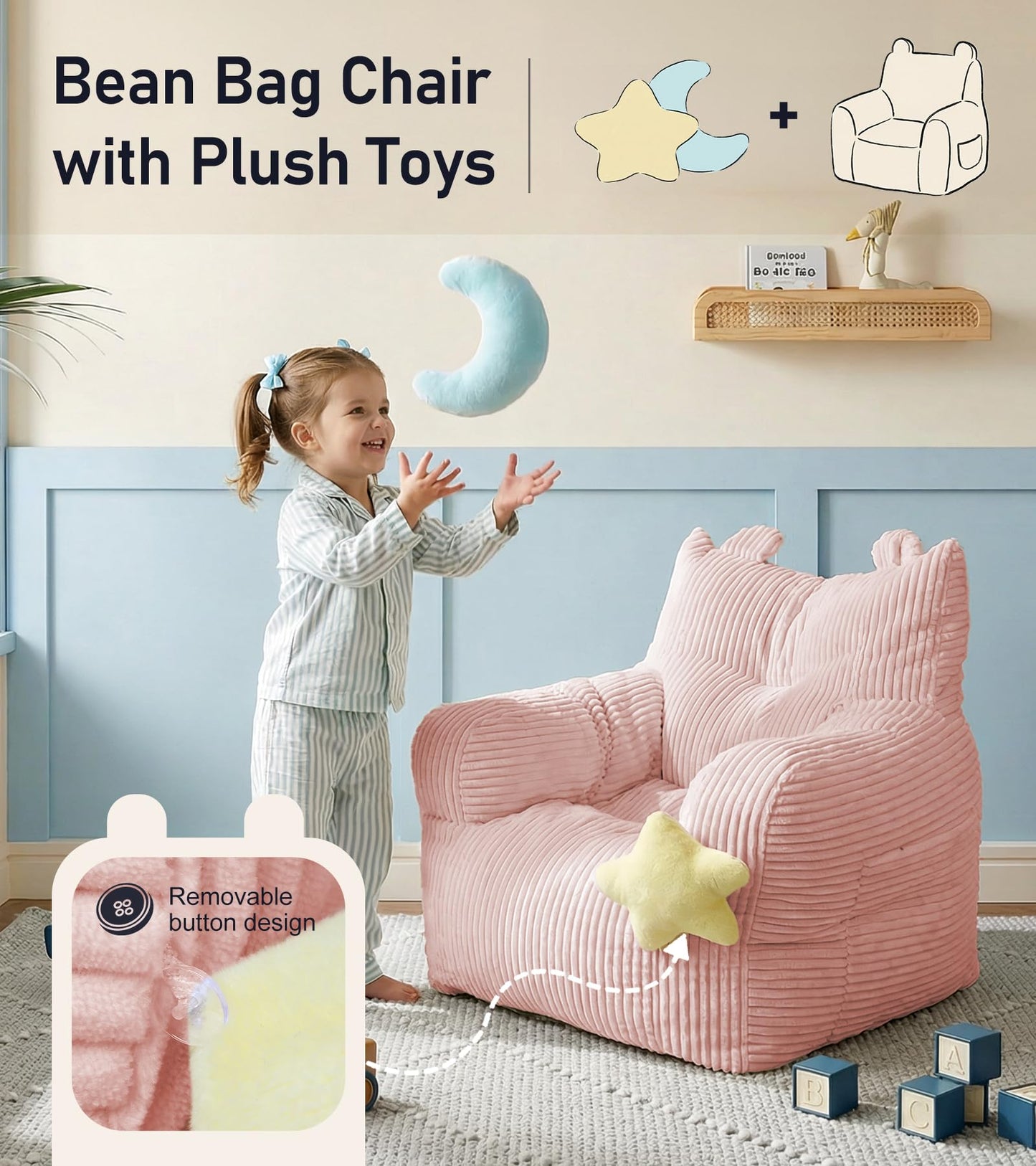 little dove Bean Bag Chairs for Kids, Comfy Bean Bag Chair with 2 Plush Toys, Toddler Chair with Pocket, Stuffed Lazy Sofa with Filler for Boys and Girls, Kids Chairs for Gaming, Reading, Pink