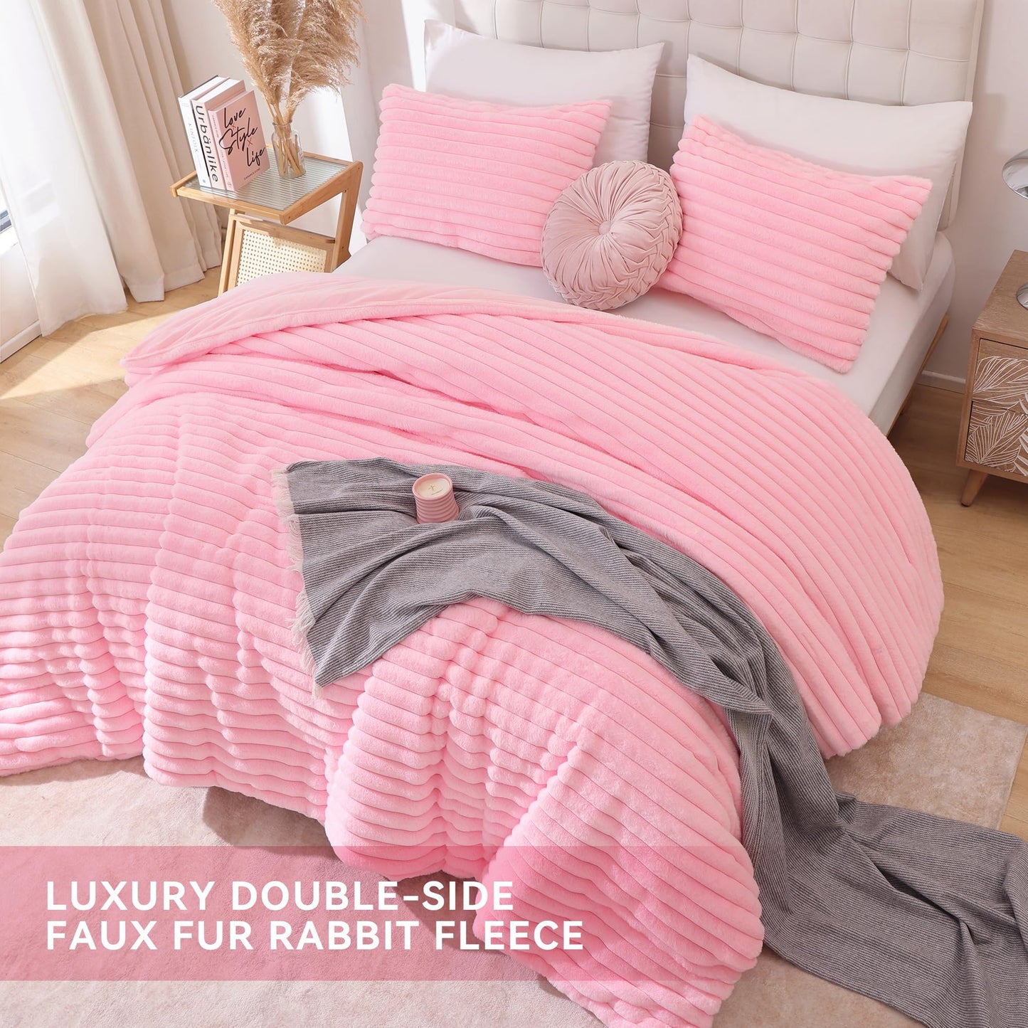 Smoofy Fluffy King Size Comforter Set 3 Pieces - Pink Fleece Fluffy Comforter Set, Luxury Fuzzy King Bedding Set, Soft King Bed Set All Season, Heavy Faux Fur Comforter with 2 Pillow Cases