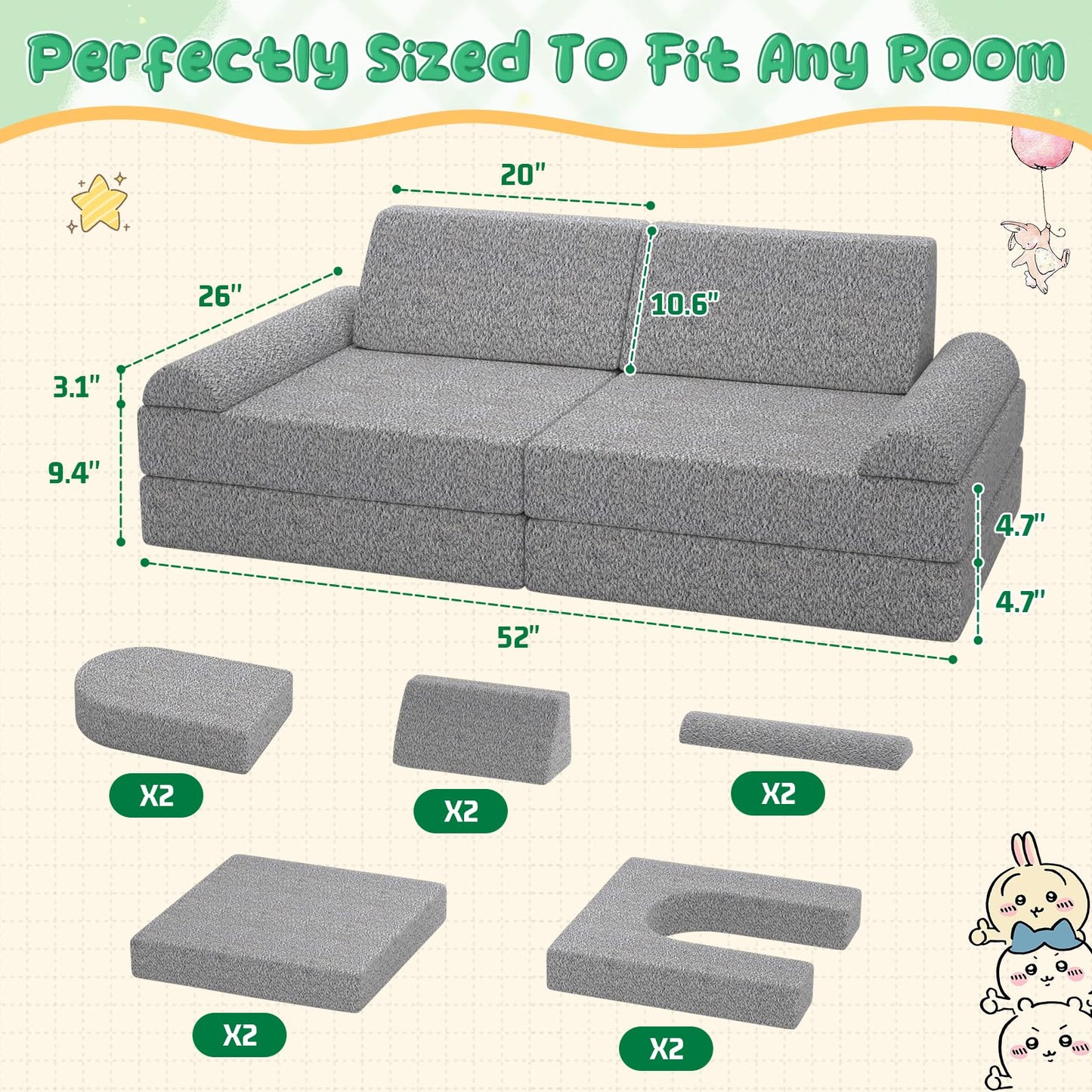 GoFujuco Modular Kids Play Couch with Washable Covers – Foam Toddler Sofa for Creative Play, Climbing, and Lounging – Convertible Kid Sofa Play Furniture for Kids Room or Nursery (Grey)