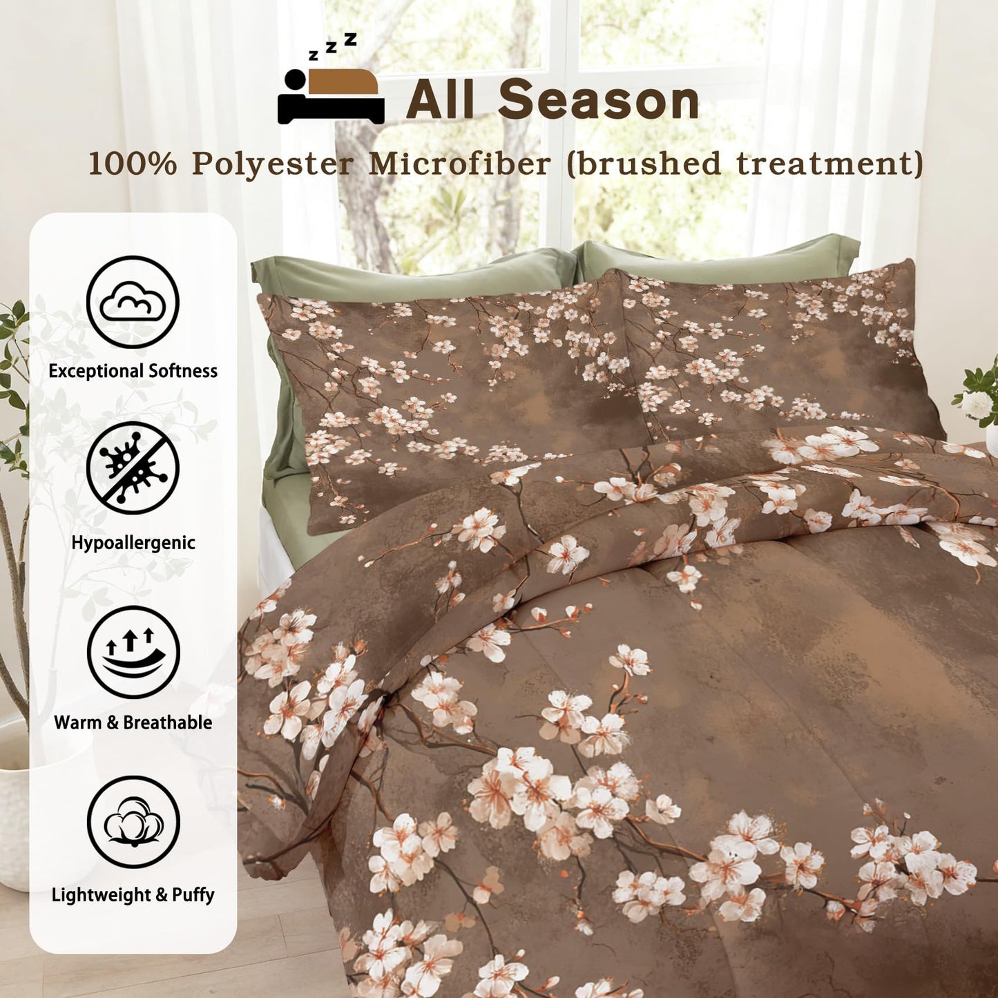TANCAPRIUM Japanese Cherry Blossom Comforter Set Twin - Floral Bedding Set & 2 Pilow Cases for All Season - Soft Reversible Down Alternative 3 Piece. Flower Bedrom Decor