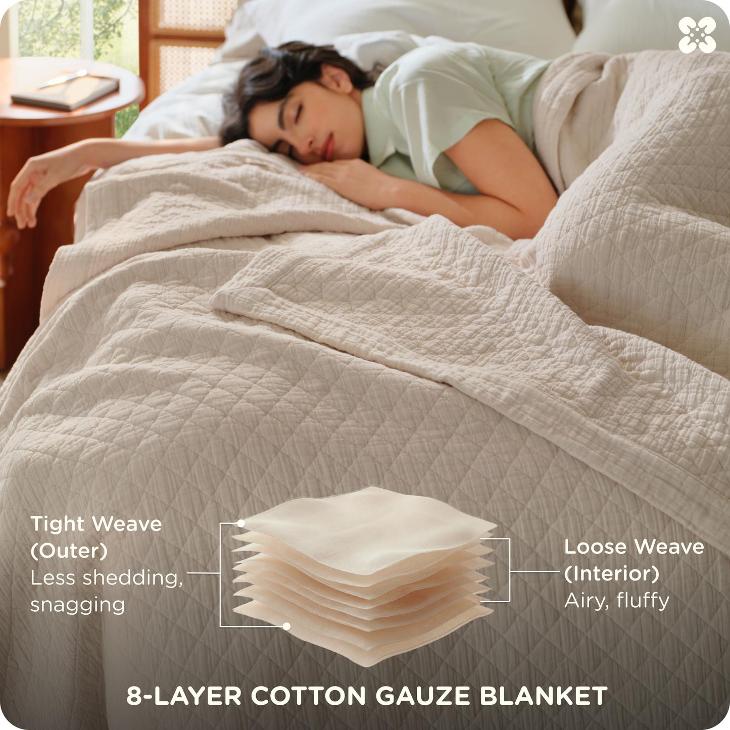 Bedsure 100% Cotton Muslin Blanket 8-Layer Queen, Breathable & Substantial Oeko TEX Gauze Bedding, PureWoven All-Season Moisture-Wicking Comfort, Softens After Wash, Linen Beige, 90"x90"