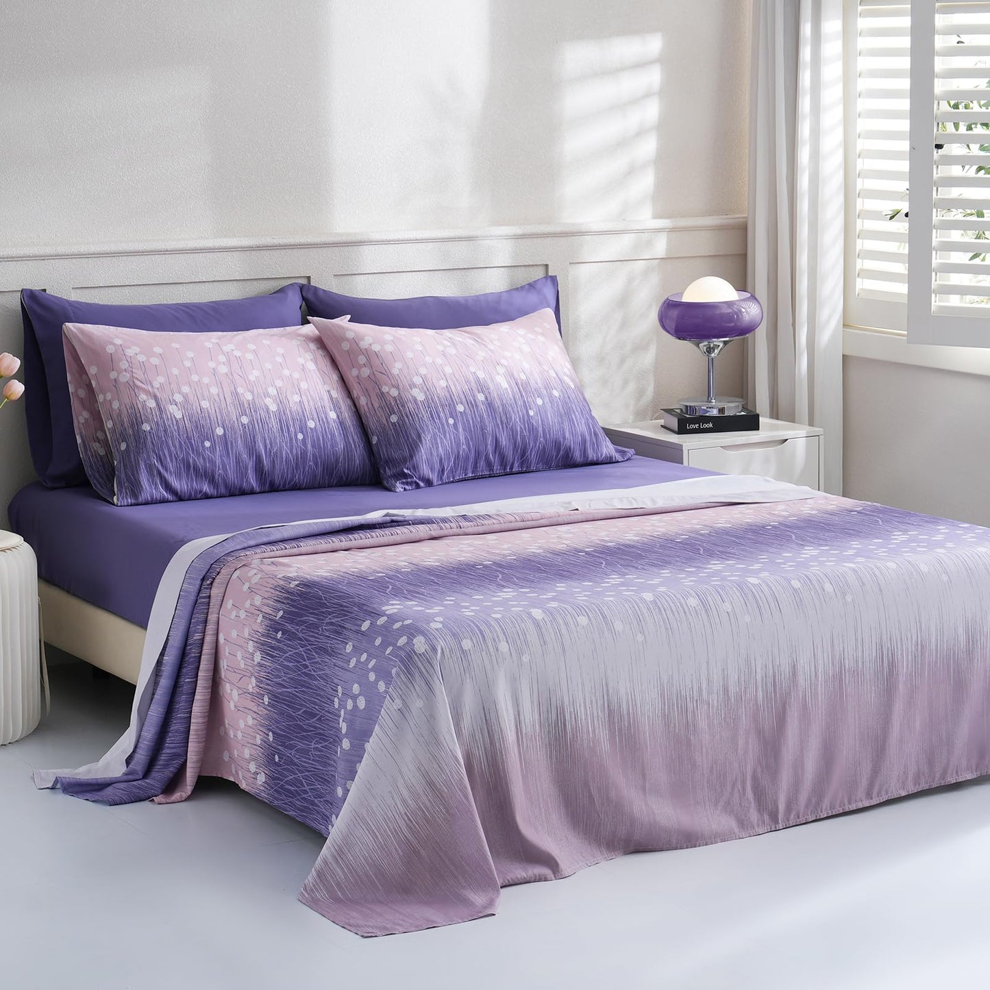 LONAVA Patchwork King Size 6 Pcs Sheet Set, Breathable Microfiber Deep Pocket Purple Fitted Sheets, Comfy & Breathable Patterned Flat Sheets,4 Gentle Soft Pillowcases, Purple Blossom