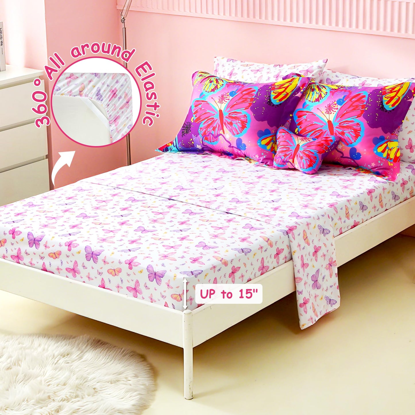 Mooreeke Kids Twin Comforter Sets for Girls 6 Pieces Pink Purple Bedding Set for Teens Microfiber Butterfly Kids Bed in A Bag with Comforter, Sheet Set, Shams and Decorative Toy Pillow