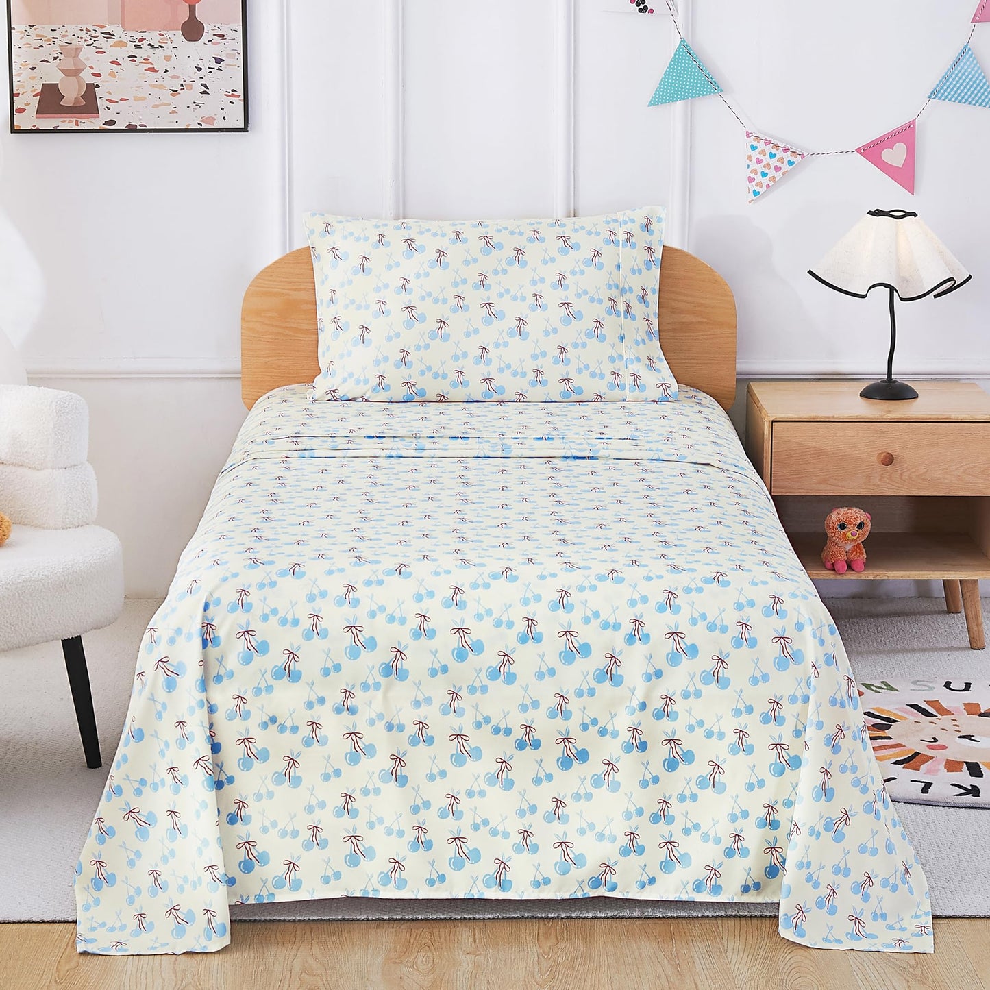 lasoftan Kids Sheet Set Twin Size, Twin Sheet Set with Blue Cherry Pattern，Breathable Silky Soft Microfiber Kids Fitted Sheet