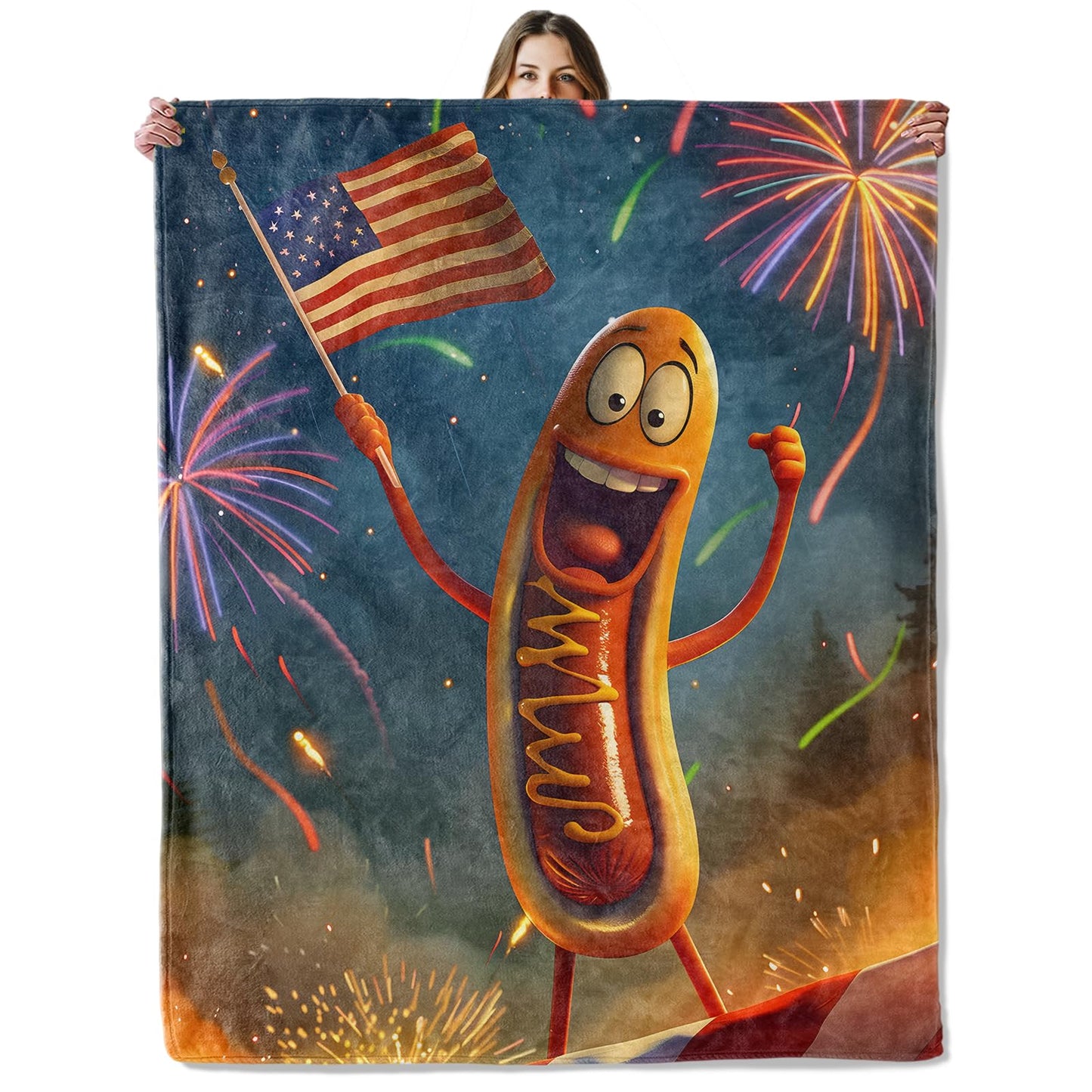 Hot Dog with American Flag Throw Blanket for Girls Boys Kids Adults, 50x60 in, Cozy Flannel Blanket for Bedroom, Camping, Couch, Room Decor, Fuzzy Warm Soft Gifts