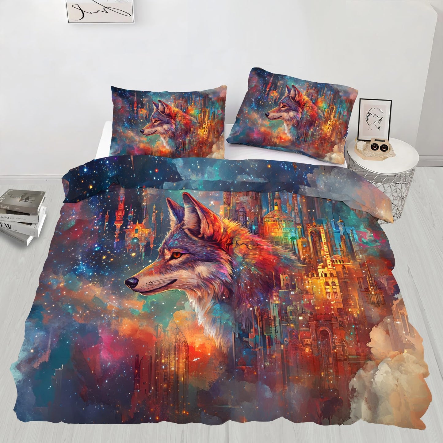 PAISUOQ Wolf Print Bedding, City Wolf Duvet Cover Full, Fantasy Animals Comforter Cover with Zipper Ties, 3 Pieces with 2 Pillowcases, Home Decor & Gifts