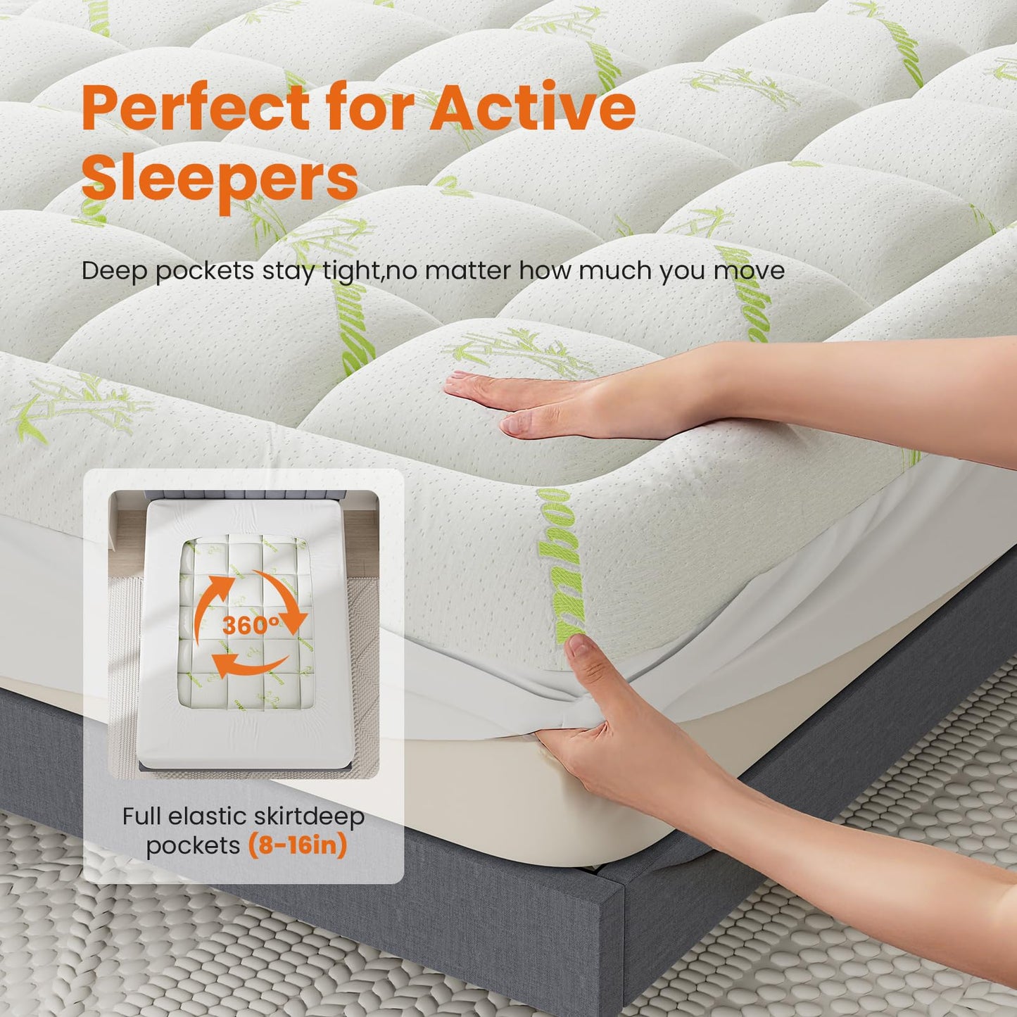 DUMOS Queen Size Ultra Soft Mattress Topper, Viscose Derived from Bamboo, Pillow Top Mattress Pad with Stretchable Pockets, Breathable Cooling Topper for Back Pain Relief