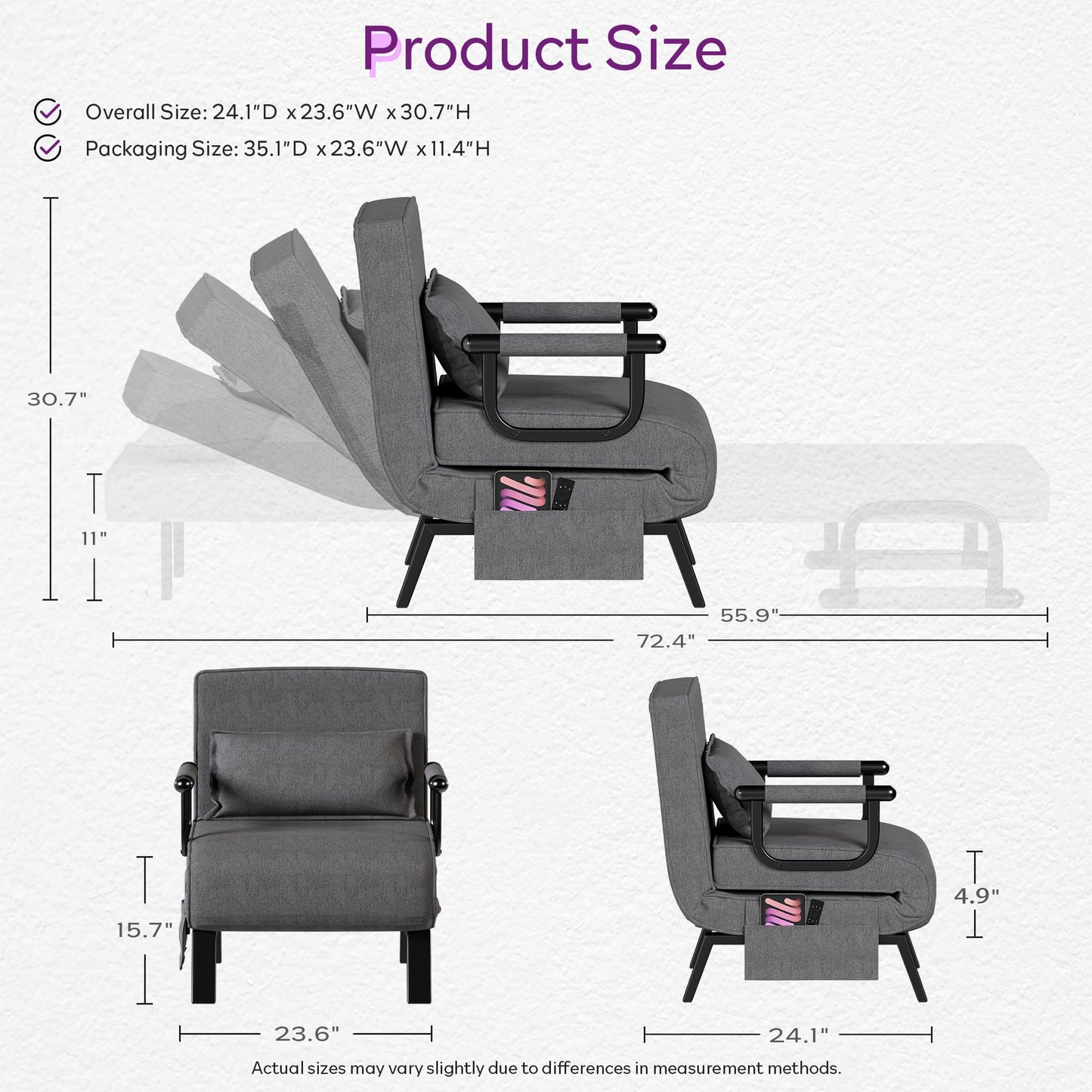 TYBOATLE Sleep Chair Bed, Comfy Convertible Sleeper Chairs for Adults, 5 in 1 Folding Sofa Bed with Adjustable Backrest & Side Pockets & Pillow, Cozy Small Couch for Small Spaces, Office (Dark Grey)