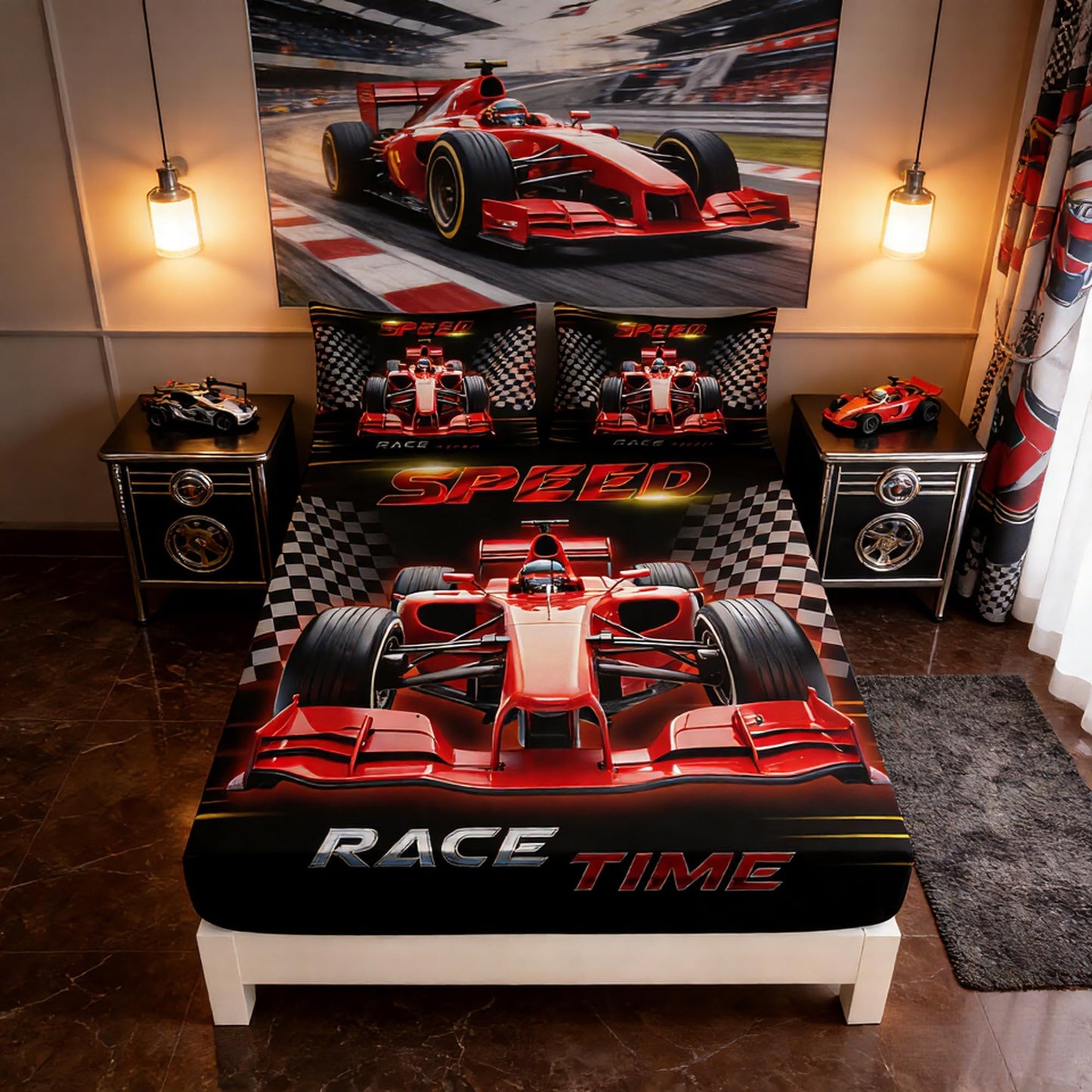 UEVBF Red Cars Bedding Fitted Sheet Set Twin Size,Black White Checkered Racing Flag Fitted Sheet,Race Car Room Decor for Kids Boys,Cool Sports Themed Bedding Sets,1 Fitted Sheet+2 Pillowcases.
