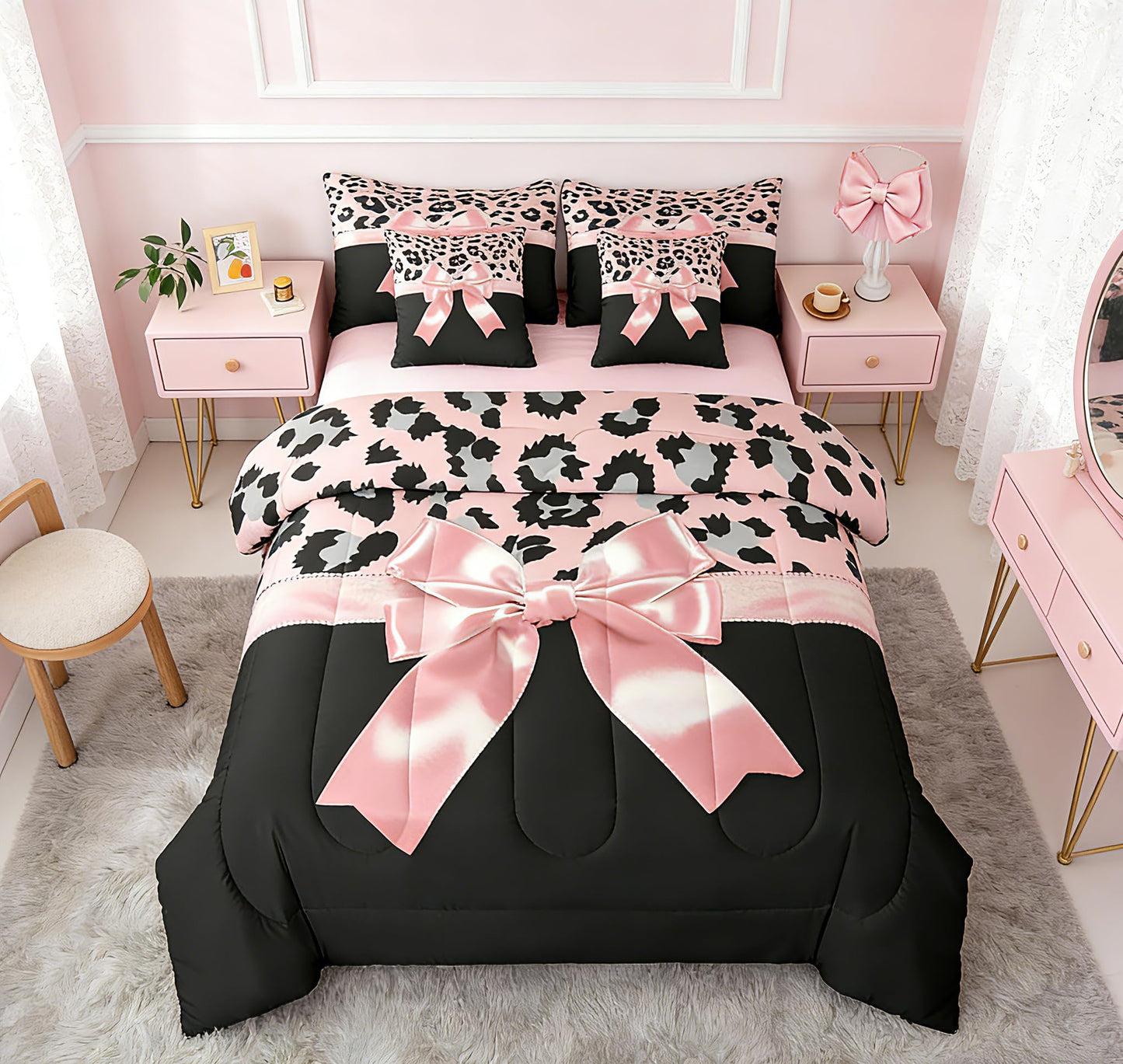 Feelyou Pink Silk Bowknot 7 Piece Bedding Set Queen Size Grey Leopard Comforter Set with Sheets for Kids Girls Women Black Pink Bed in a Bag Sweet Romantic Bed Set