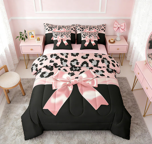 Feelyou Pink Silk Bowknot 7 Piece Bedding Set Queen Size Grey Leopard Comforter Set with Sheets for Kids Girls Women Black Pink Bed in a Bag Sweet Romantic Bed Set
