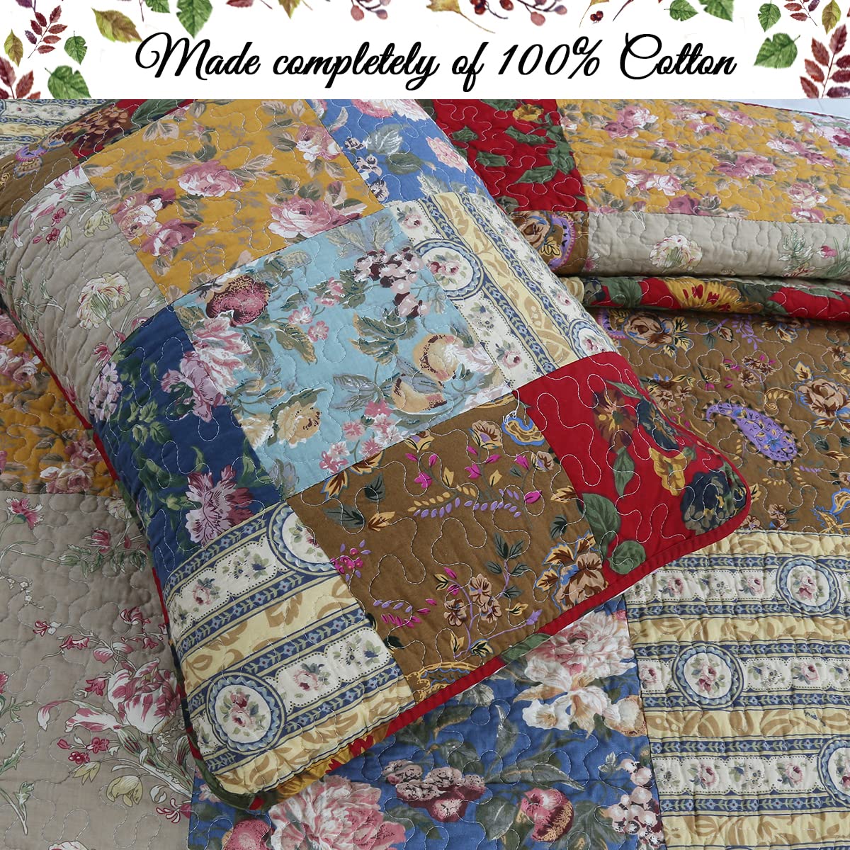 Cozy Line Home Fashions 100% Cotton Hand Piecing Real Patchwork Floral Plaid Country Farmhouse Reversible Quilt Bedding Set Coverlet Bedspread for All Seasons (Khaki Red, King - 3 Piece)